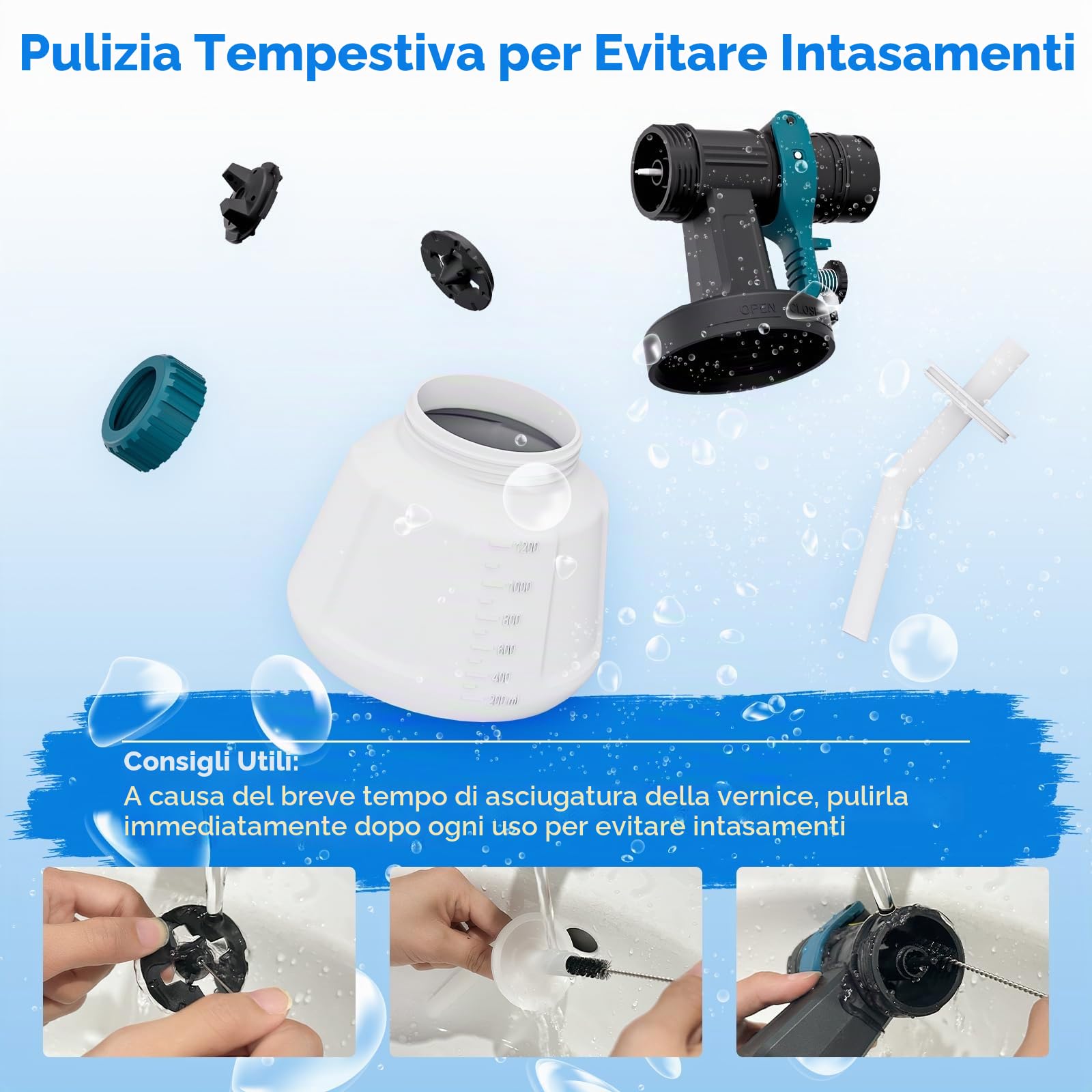 HANSILK Pistola per Verniciare HVLP Elettrica 800W Serbatoio 1200ML | Doppia testa,5 ugelli intercambiabili,3 modalità di spruzzo,struttura smontabile facile da pulire,ideale per mobili e pareti