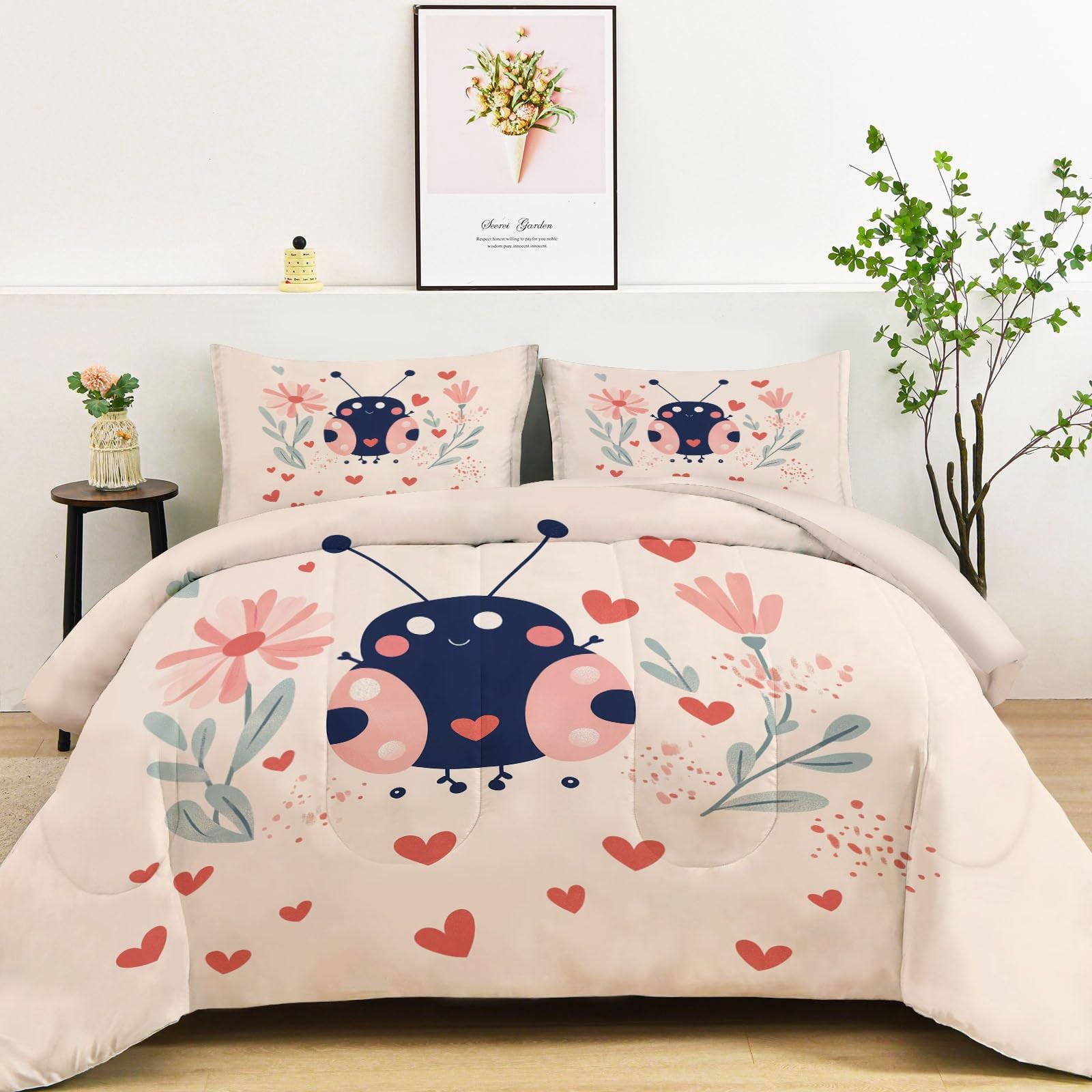 Lindos Insectos De Dibujos Animados Edredón nórdico de Microfibra 155x220 cm – Relleno nórdico 4 Estaciones – Ultra Suave Ligero, Reversible y Transpirable, Rosa Claro