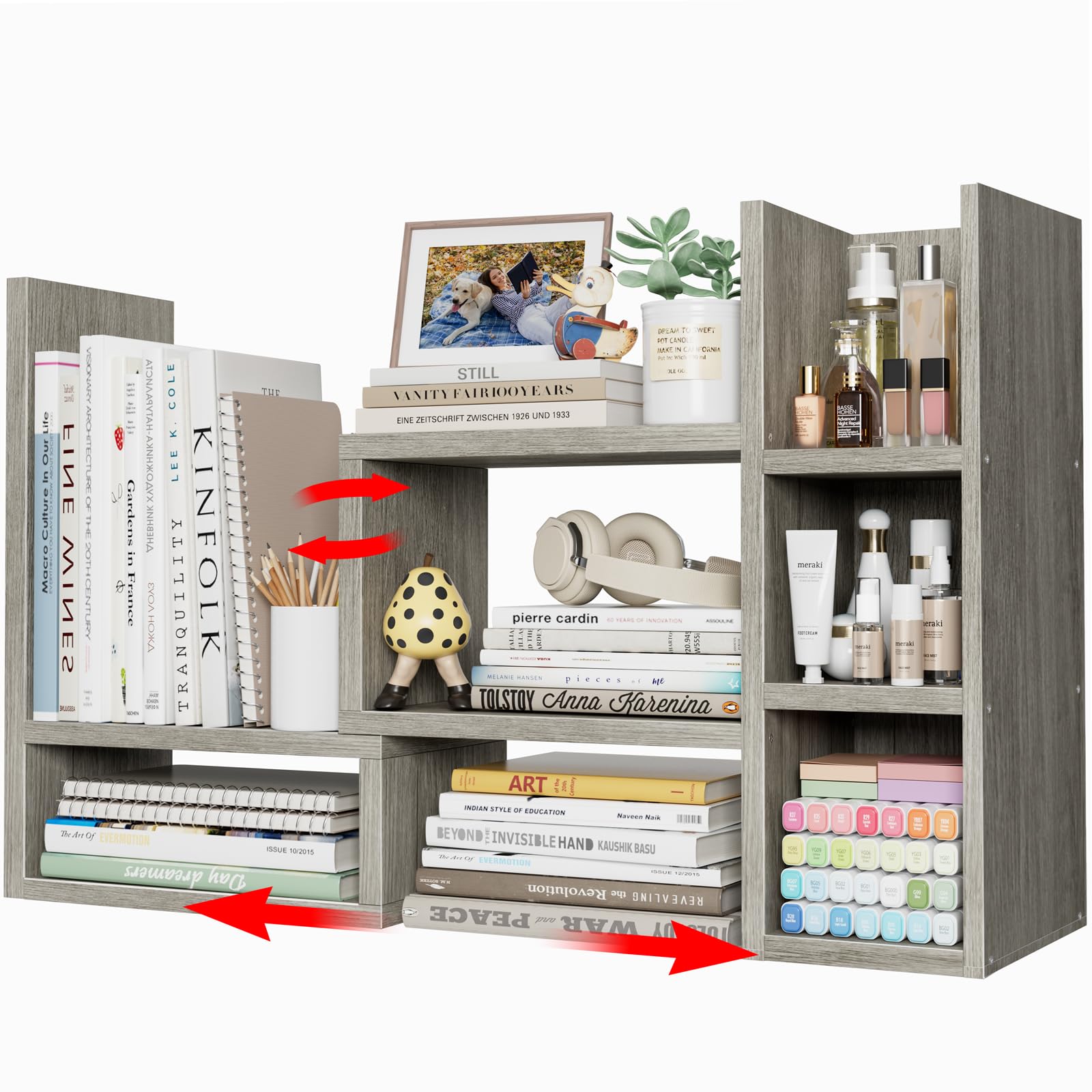 NUTIKAS Desk Shelves Desktop Organizer Shlef - Grey Office Organization for Top of Desk Organizers and Accessories Corner Bookshelf Table Top Shelving Small Hutch Decorations for Office