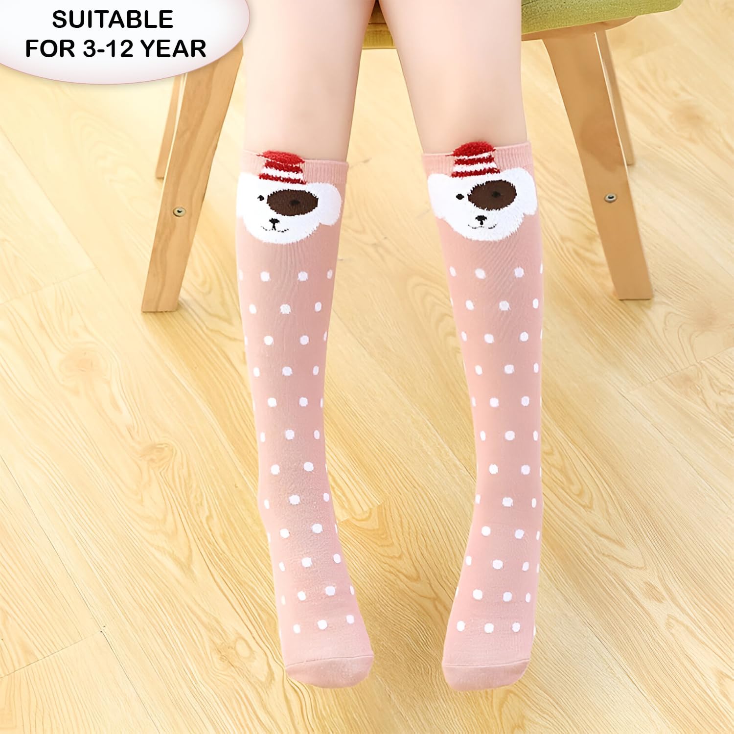 MOMISY 1 Pair of Baby Spring Winter And Autumn Combed Cotton Long Tube Knee-High Socks Suitable Age of 3 to 12 Years (IN, Age, 3 Years, 12 Years, PinkPolkaPuppy) 1