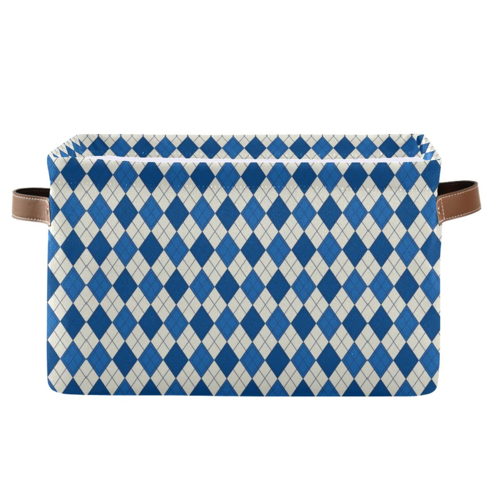 Blue and White Dream Grid storage baskets, collapsible and waterproof cloth baskets with sturdy handle Hamper outdoor set for pantry garage house 1 pack