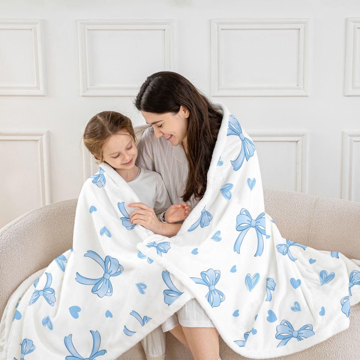 Homewish Dreamy Blue Kawaii kokarda szerpa koc puszysty pluszowa kokardka wstążka księżniczka polarowy koc - miłość serca dekoracja na łóżko kanapę Twin 152 cm x 203 cm