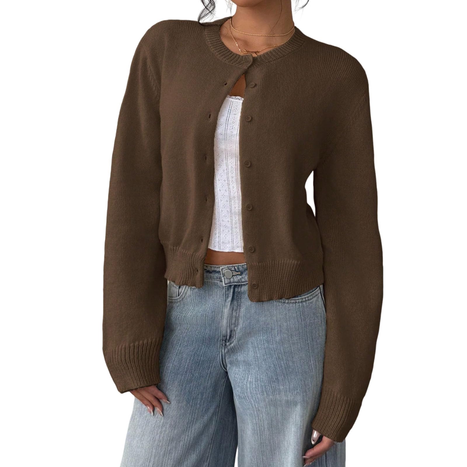 Women Y2K Trendy Round Neck Long Sleeve Button Down Cropped Knitted Cardigan Fall Open Front Sweaters Tops