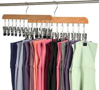 Legging Organizer for Closet, Ormeli Wooden Pants Hangers Space Saving with Clips Holds 24 Leggings/Scarfs/Caps/Yoga Pants, Pants Hanging Organizer with Rubber Coated, 360°Roatable Hook (Natural, 2)