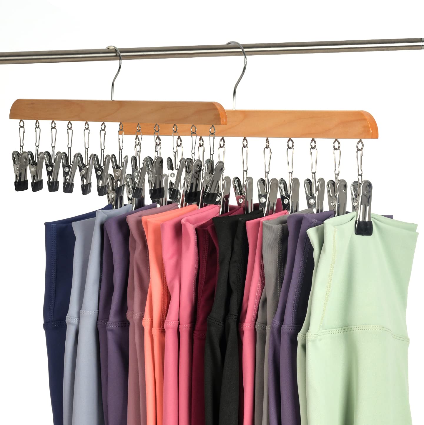 Legging Organizer for Closet, Ormeli Wooden Pants Hangers Space Saving with Clips Holds 24 Leggings/Scarfs/Caps/Yoga Pants, Pants Hanging Organizer with Rubber Coated, 360°Roatable Hook (Natural, 2)