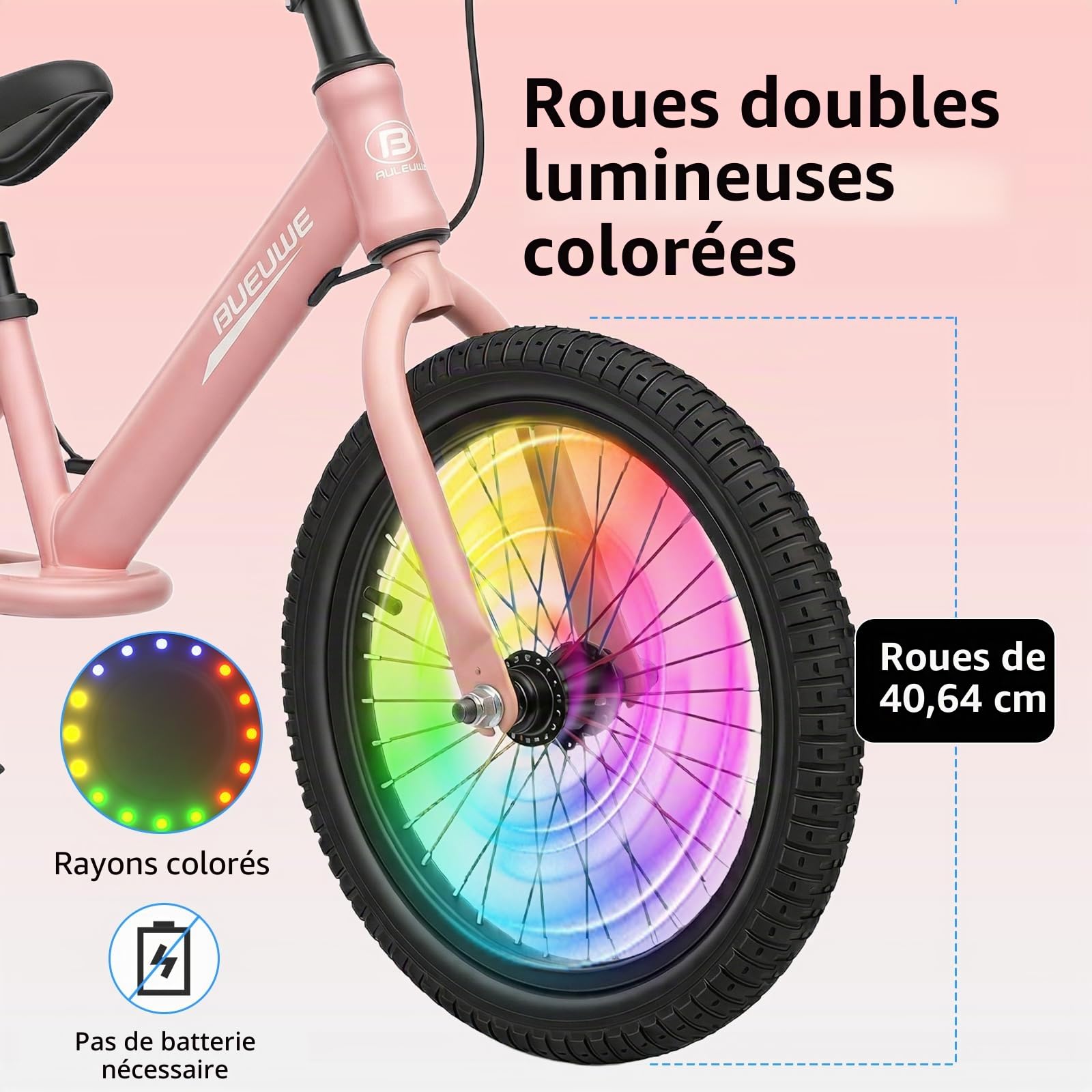 Draisienne pour enfant de 16 pouces avec frein à disque – Moyeux clignotants et rayons colorés, siège réglable, cadre en acier au carbone, pour garçons et filles âgés de 5 à 8 ans(rose)