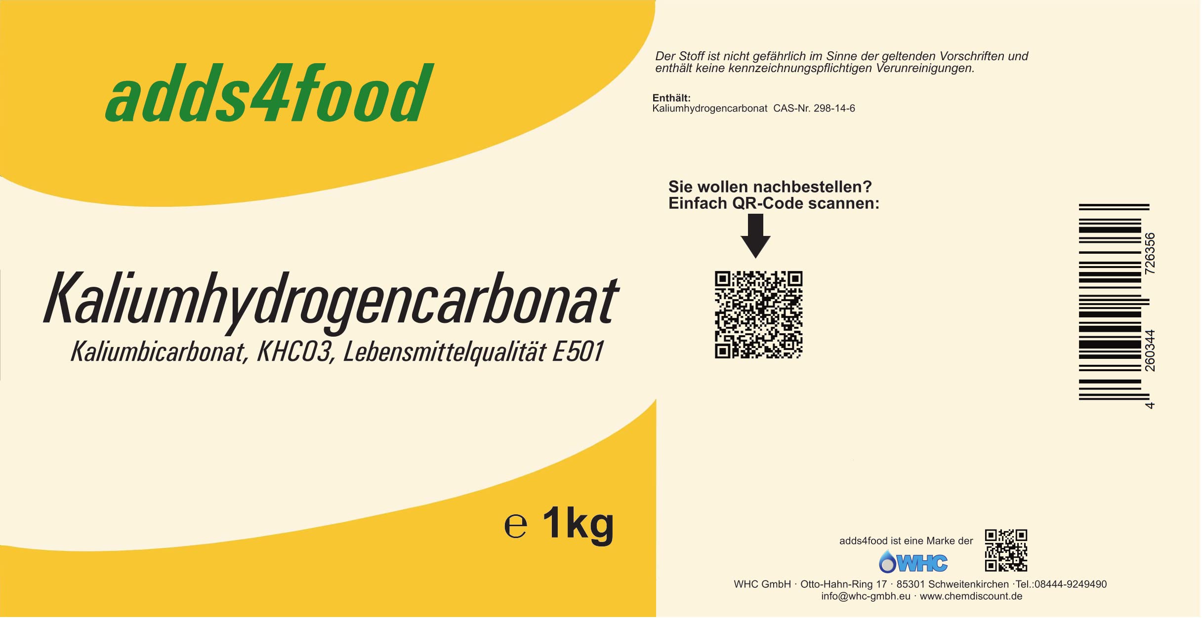 1kg Kaliumhydrogencarbonat (Kaliumbicarbonat) in Lebensmittelqualität E501
