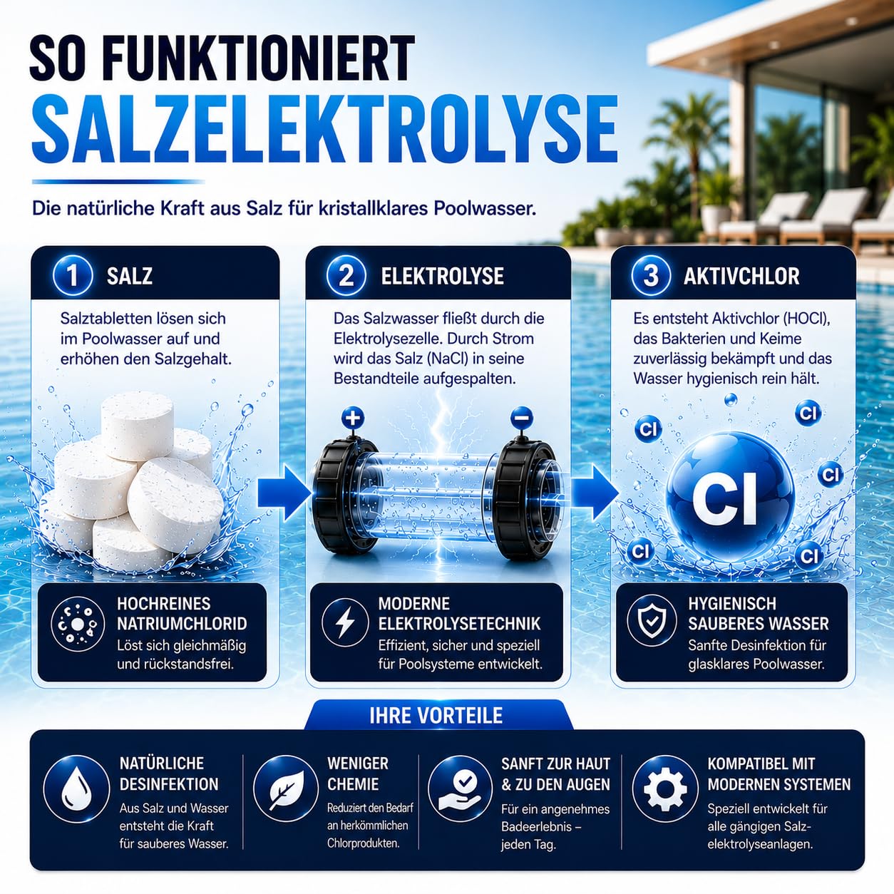 poolomio® Sel de piscine 15 kg - Tablettes de piscine de qualité supérieure pour installations d'électrolyse saline, systèmes Low Salt et systèmes de dosage automatique - Pour une production stable de
