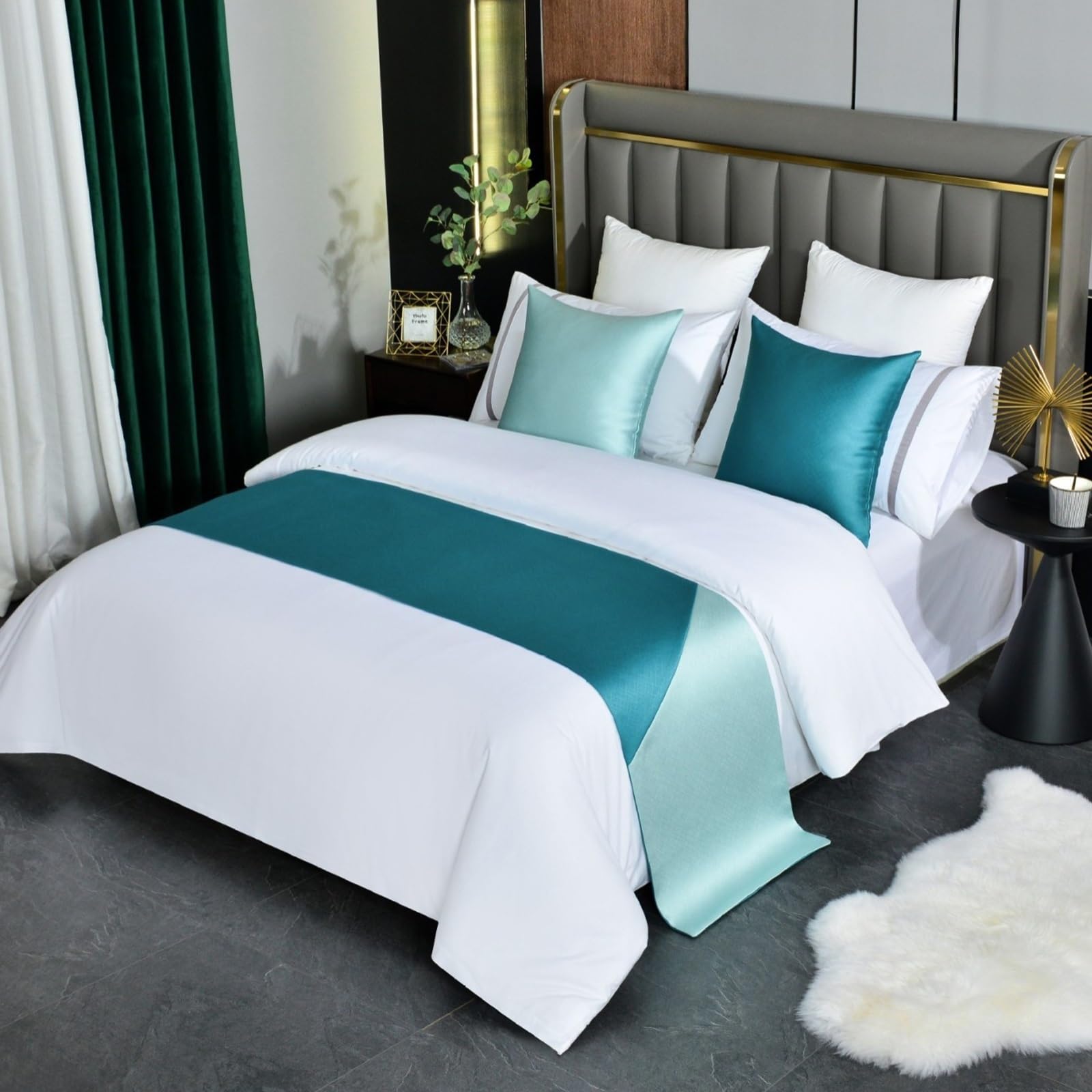 Syibelters Bed Runner Green-210x50cm(1.5m Bed) Double Sided For Queen & Full