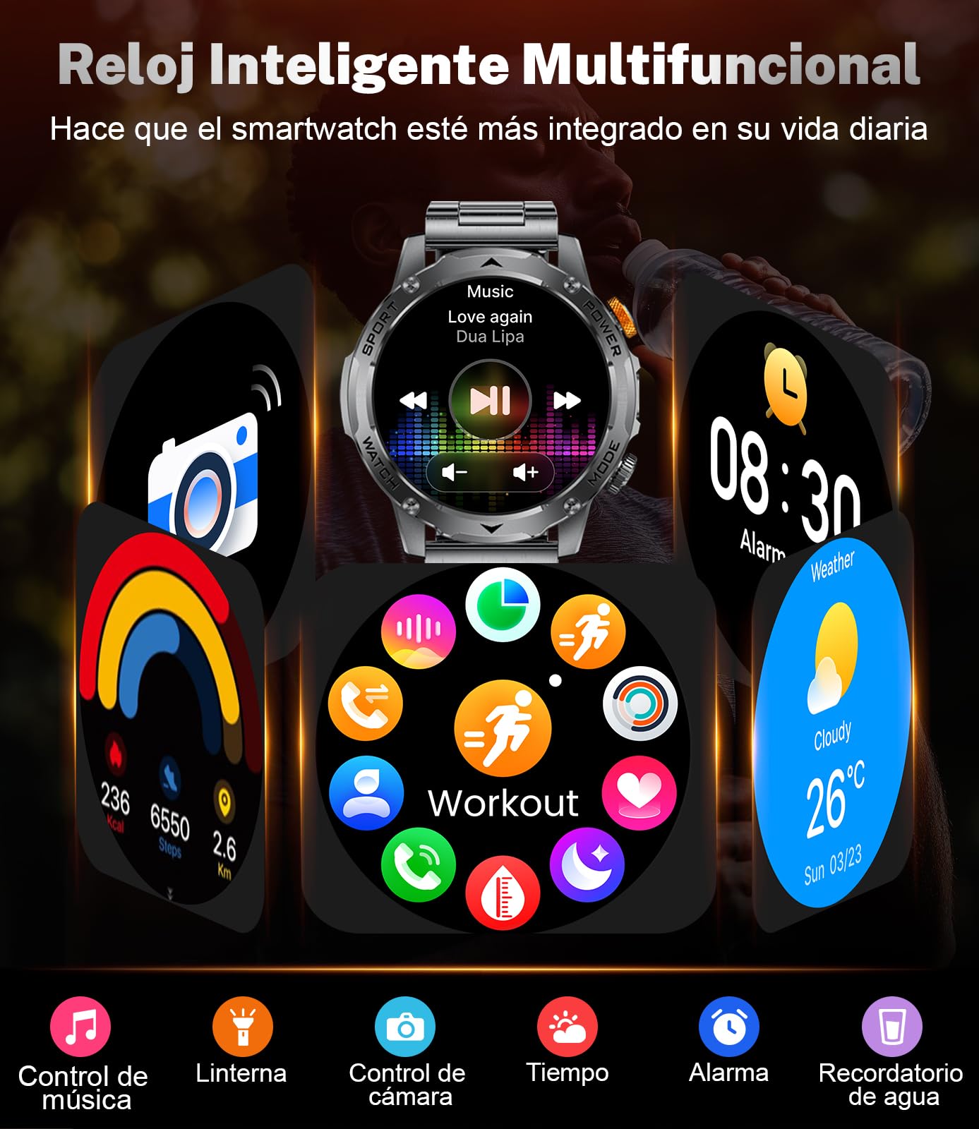 Reloj Inteligente Hombre, 1000mAh, Pantalla 1.75''HD, Smartwatch Diseño Militar, Llamada Bluetooth, 130+Deportivos, IP68 Resistente Agua Smart Watch, Monitoreo Cardíaco Sueño, Android iOS, Negro mate