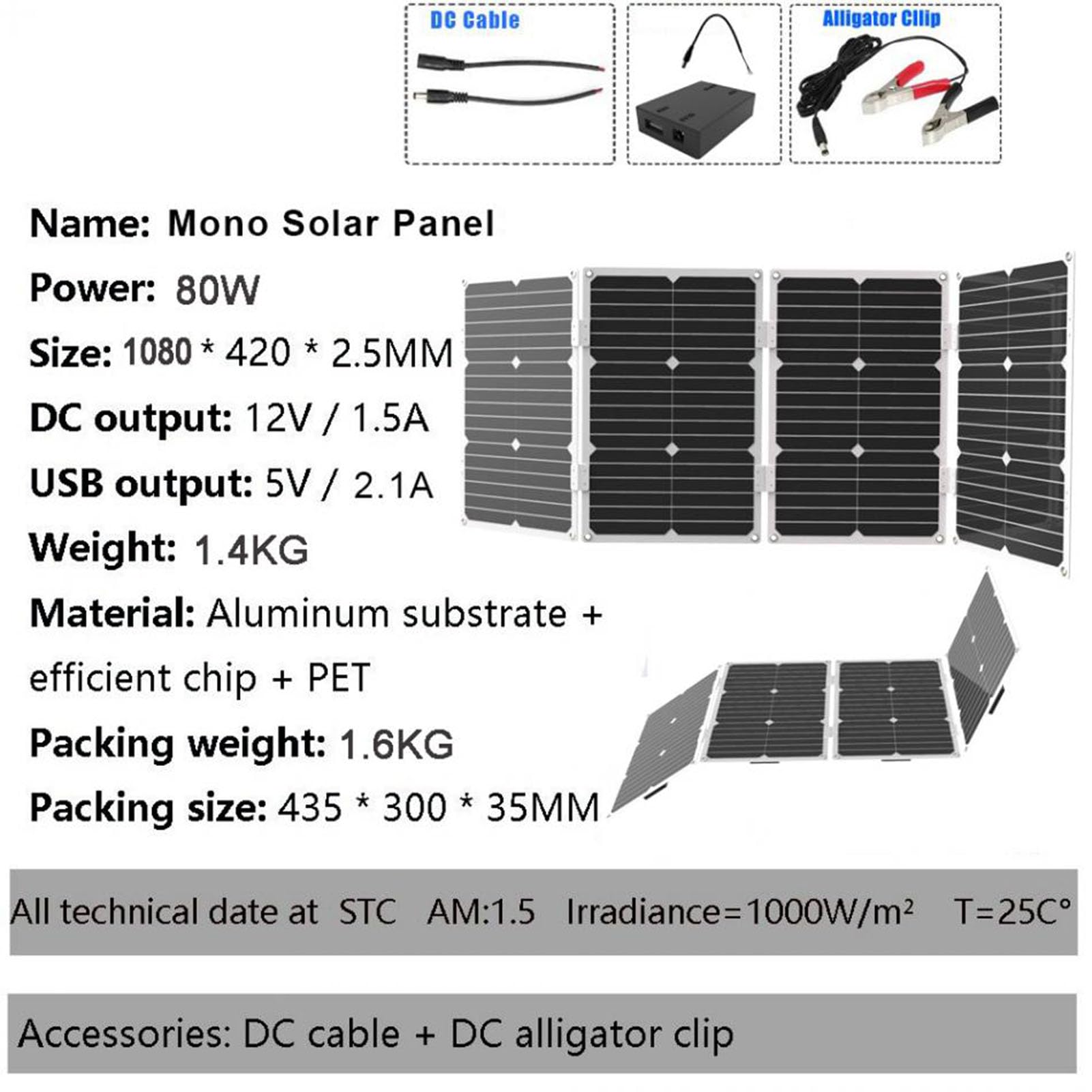 NDNCZDHC 18V 80W Solar Panel 4 Fold Portable Solar Panel Waterproof Solar Panel Charger with 12V DC Output and 5V USB Output for Camping and Travel