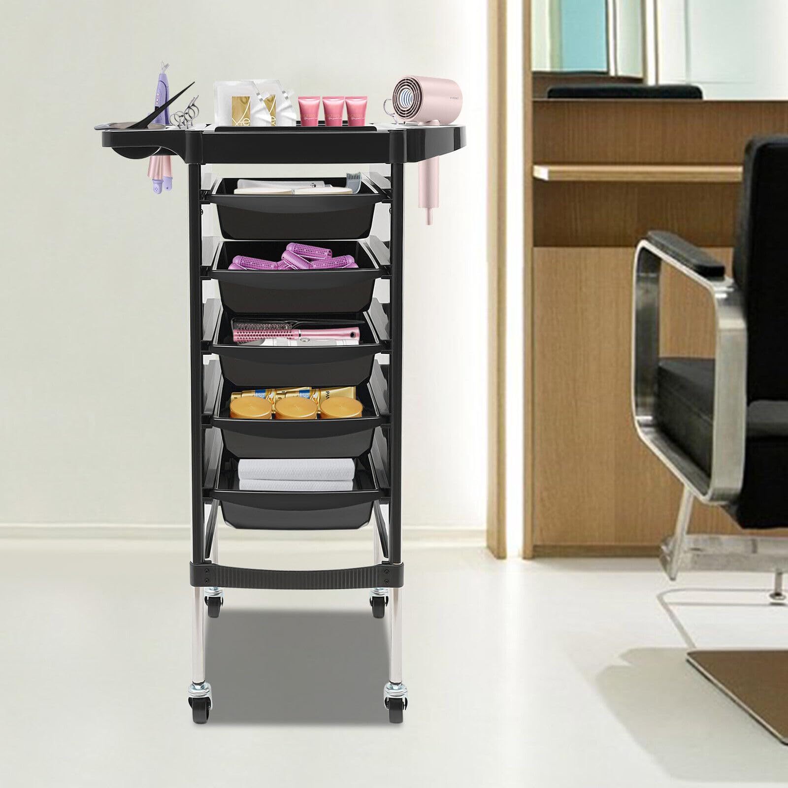 Carrello per Parrucchiere TRIEBAN Pieghevole con 5 cassetti per Parrucchieri, saloni di Bellezza (Nero)