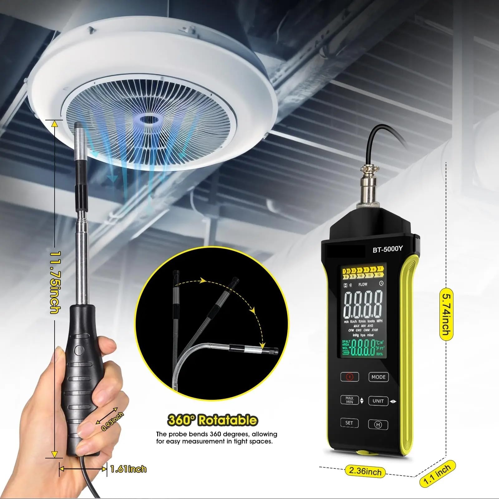 Anemómetro de alambre - Medidor de flujo de aire digital CFM/CMM, medidor de velocidad del viento medida 0,2~67 Mph, anemómetro térmico con giro de 360°