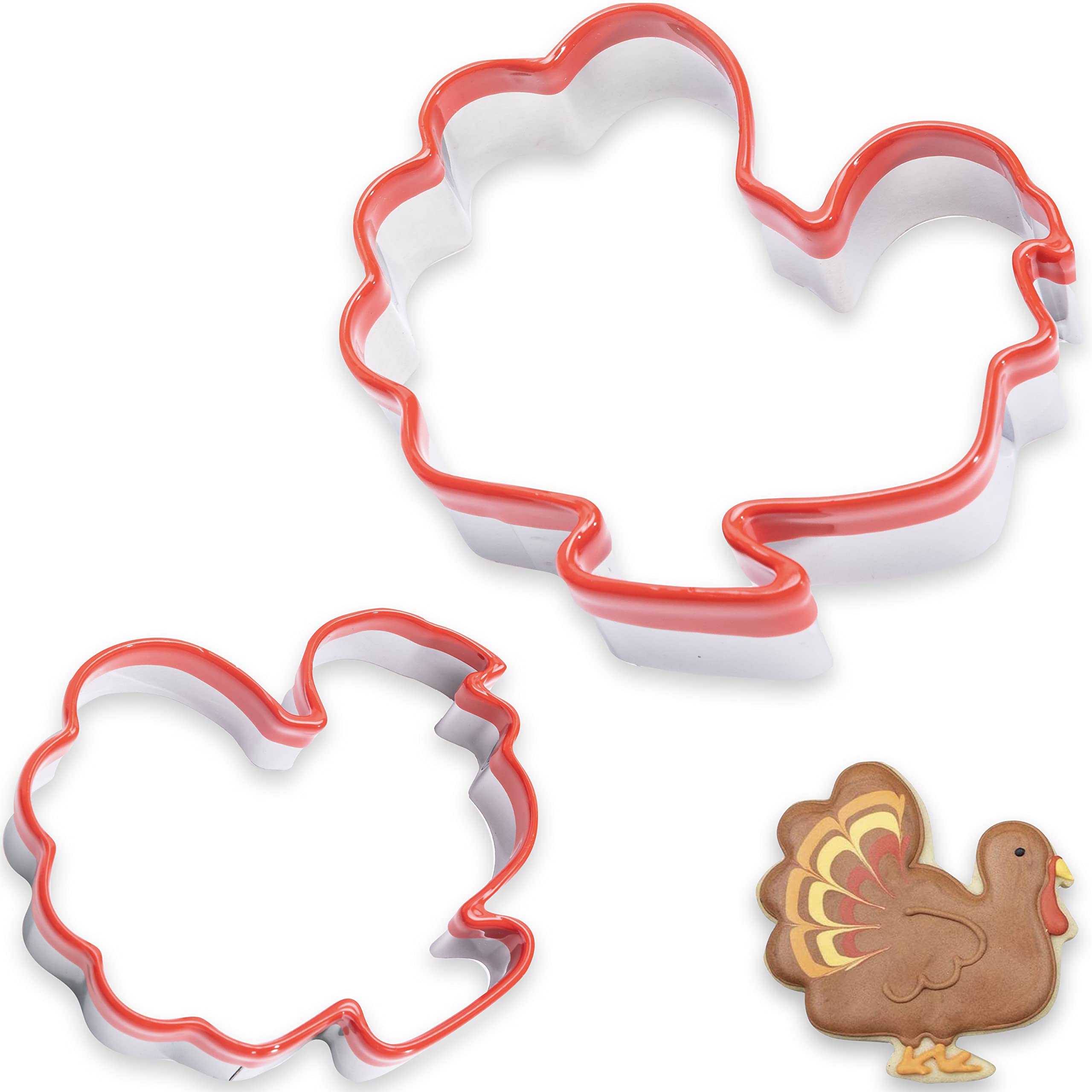 2Pcs Turkey Cookie Cutters 4.5" 3.5", Food-Grade Stainless Steel Fall Thanksgiving Cookie Cutter Set, Biscuit Cutter Set, Holiday Cookie Cutters, Unique Design with Protective Red Top PVC