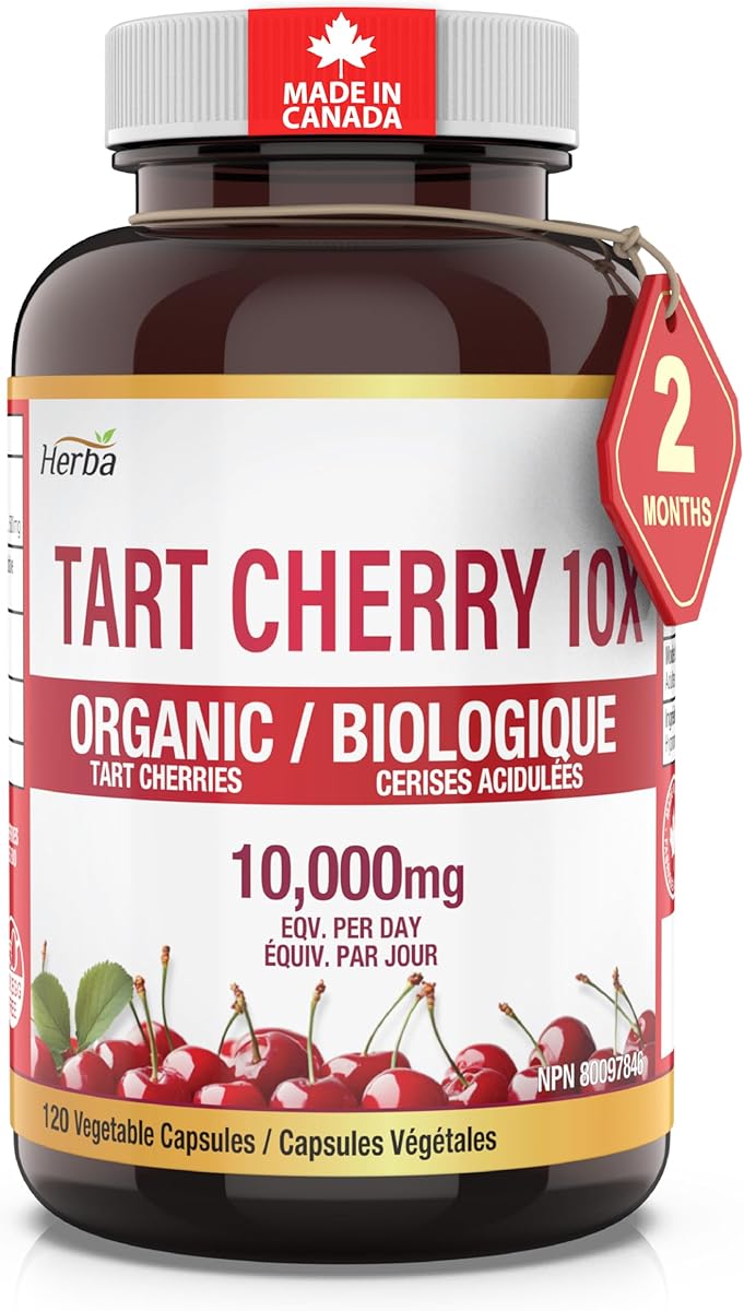Herba Organic Tart Cherry Capsules – 10,000mg Per Day | 120 Capsules | 10:1 Cherry Pills Extract | Montmorency Tart Cherry Supplement for Antioxidants | 60 Day Supply | Made in Canada