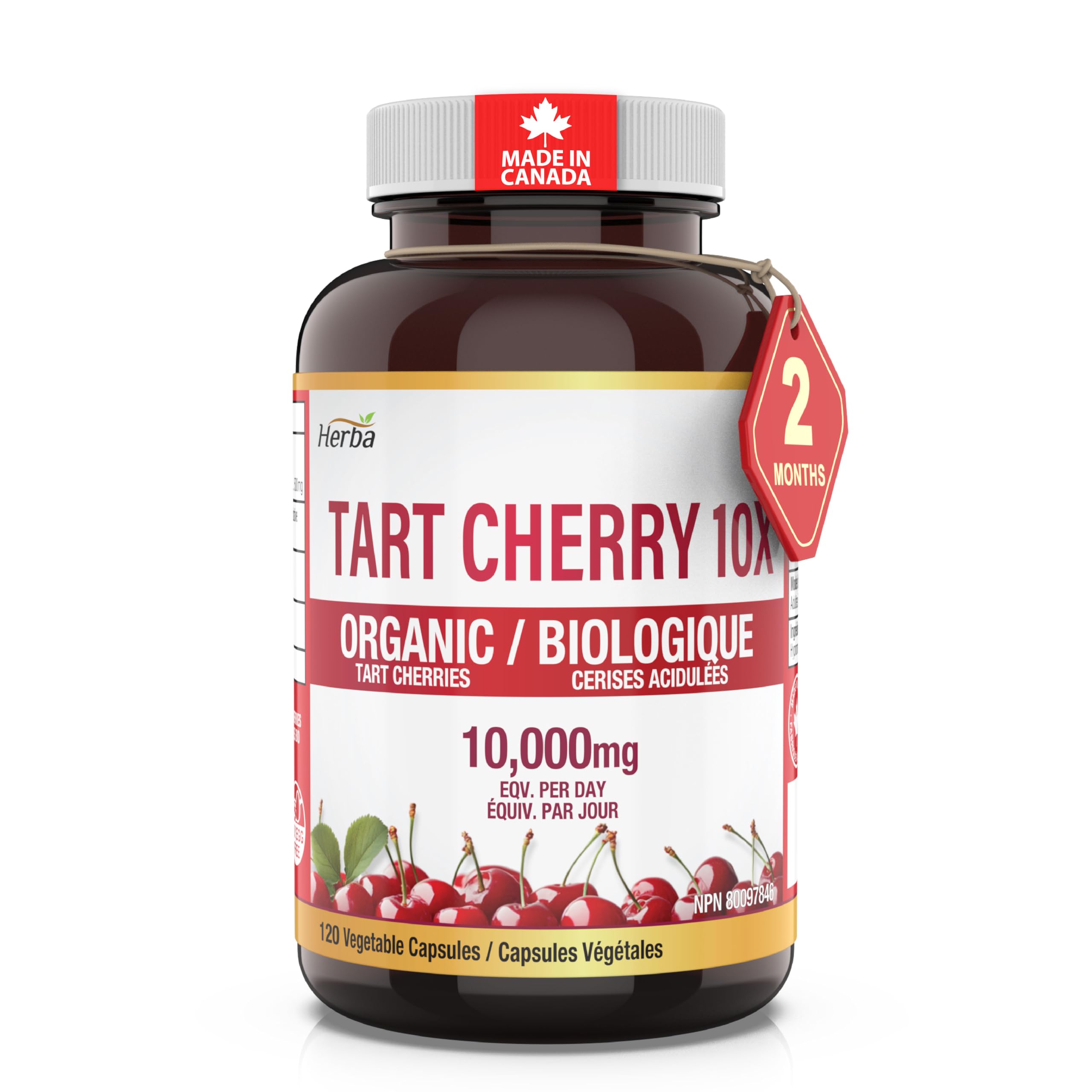 Herba Organic Tart Cherry Capsules – 10,000mg Per Day | 120 Capsules | 10:1 Cherry Pills Extract | Montmorency Tart Cherry Supplement for Antioxidants | 60 Day Supply | Made in Canada