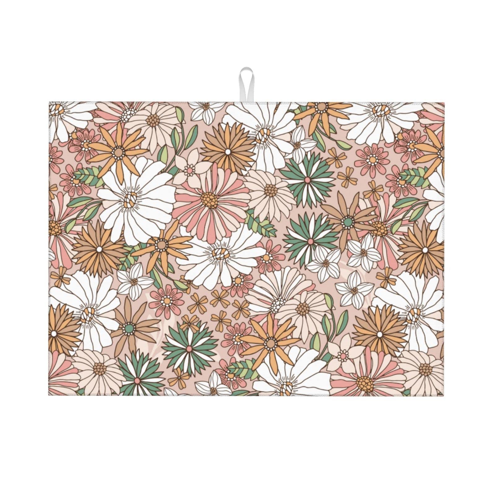 Floral-Themed Daisy Large Dish Drying Mat for Kitchen 24x18 Inch, Pretty Art Flowers Dry Dishes Pads Mats Absorbent Countertops Counter Tableware Mat Protector Home Decoration