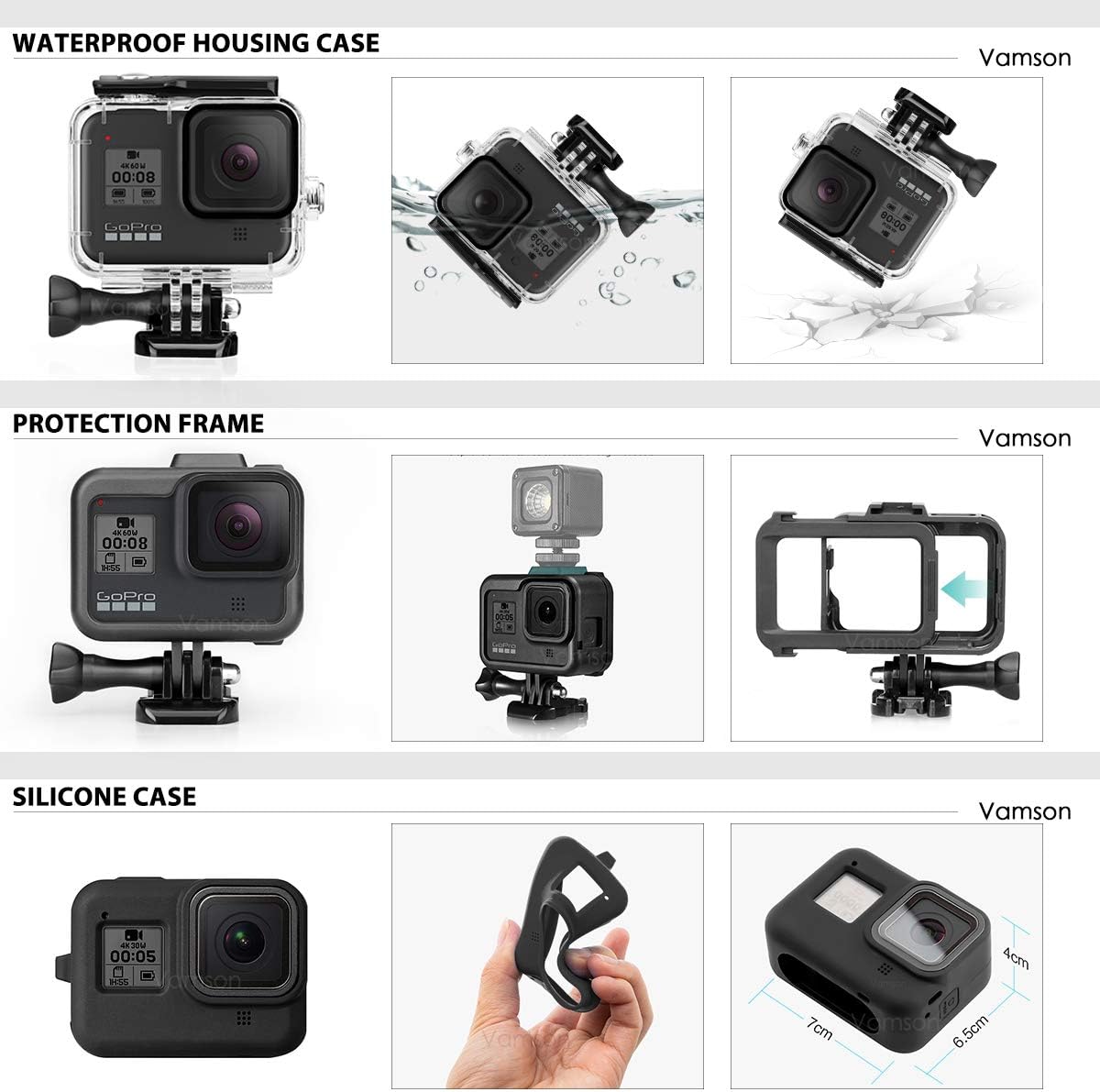 Top Brands Vamson 64 in 1 Accessories Kit for GoPro Hero 8 Black Waterproof Housing Case Filter Silicone Protector Frame Lens Screen Tempered Glass Head Chest Strap Bike Car Mount Floating Bundle Set Kit AVS13