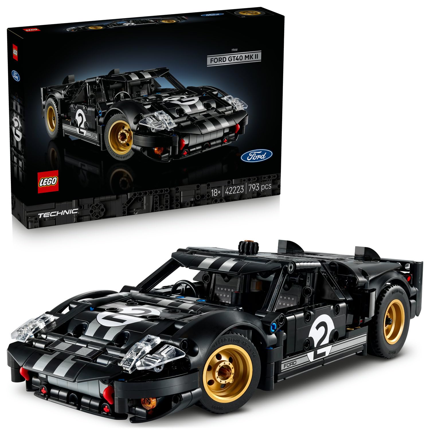LEGO Technic 1966 Ford GT40 MKII Yarış Arabası 42223 – Yetişkinler için Direksiyonu Çevirmek için Düğme ve Kaputu Açmak için Kol Dahil Gerçekçi Özellikler İçeren Model Araba Yapım Seti (793 Parça)