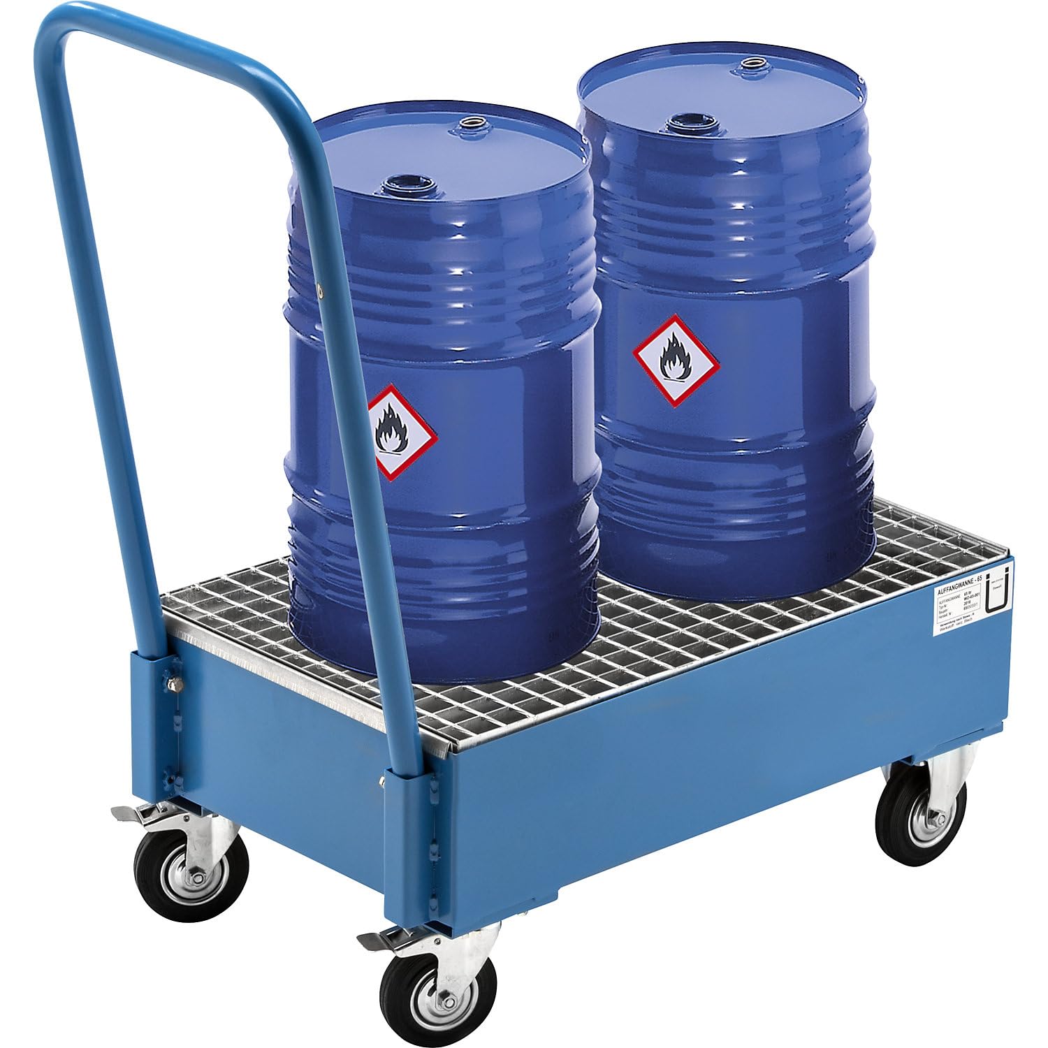 eurokraft | Fahrbare Auffangwanne aus Stahlblech | LxB 800 x 500 mm | 2 x 60-l-Fass stehend | Blau RAL 5012