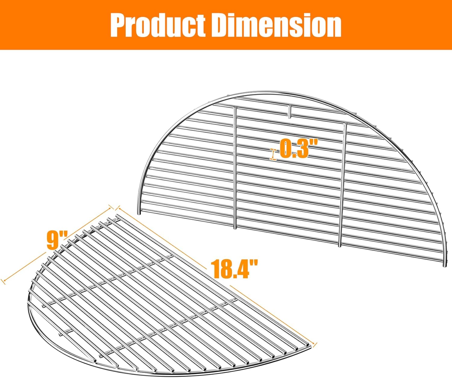 Skyflame 18" Half-Moon Cooking Grate, 2-Pack Stainless Steel Grill Grate Compatible with Kamado Joe Classic Joe Series, Large Big Green Egg and Other Round 18-inch Charcoal Grills