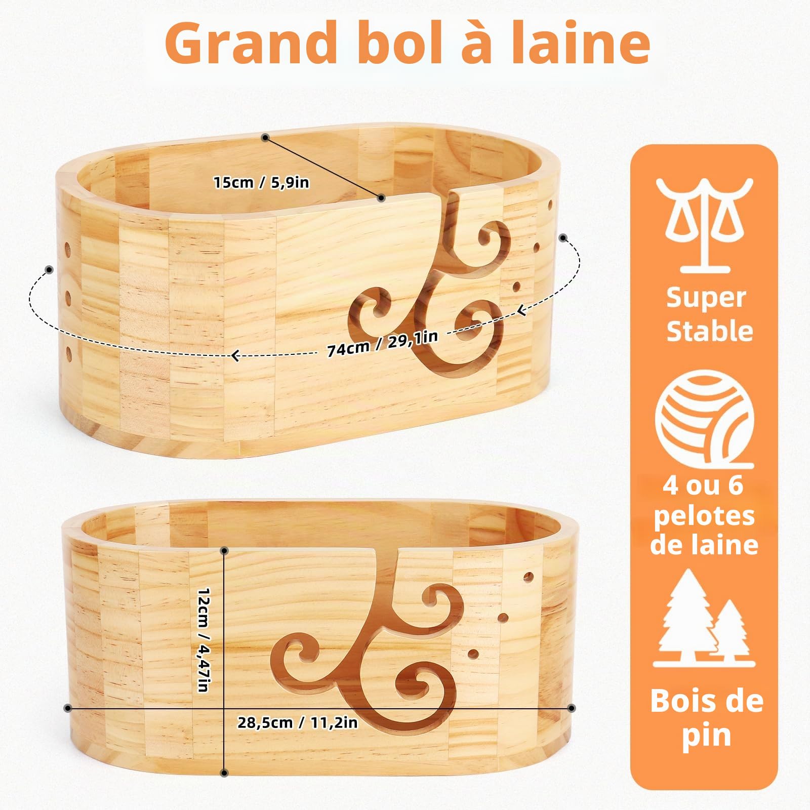 Coopay Bol à fil elliptique avec grande capacité, super grand bol en bois pour tricot en laine, bol à fil en bois fait à la main pour laine, grand bol en bois pour projet de crochet et de tricot