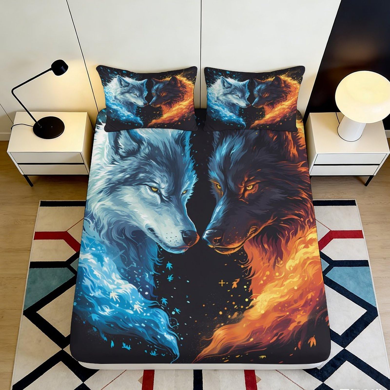 3D Printed Blue Flame Wolf Fitted Sheet Microfiber Soft Anti-Slip Bed Cover for Bedroom Dorm Mattress Decor 140x200x25cm