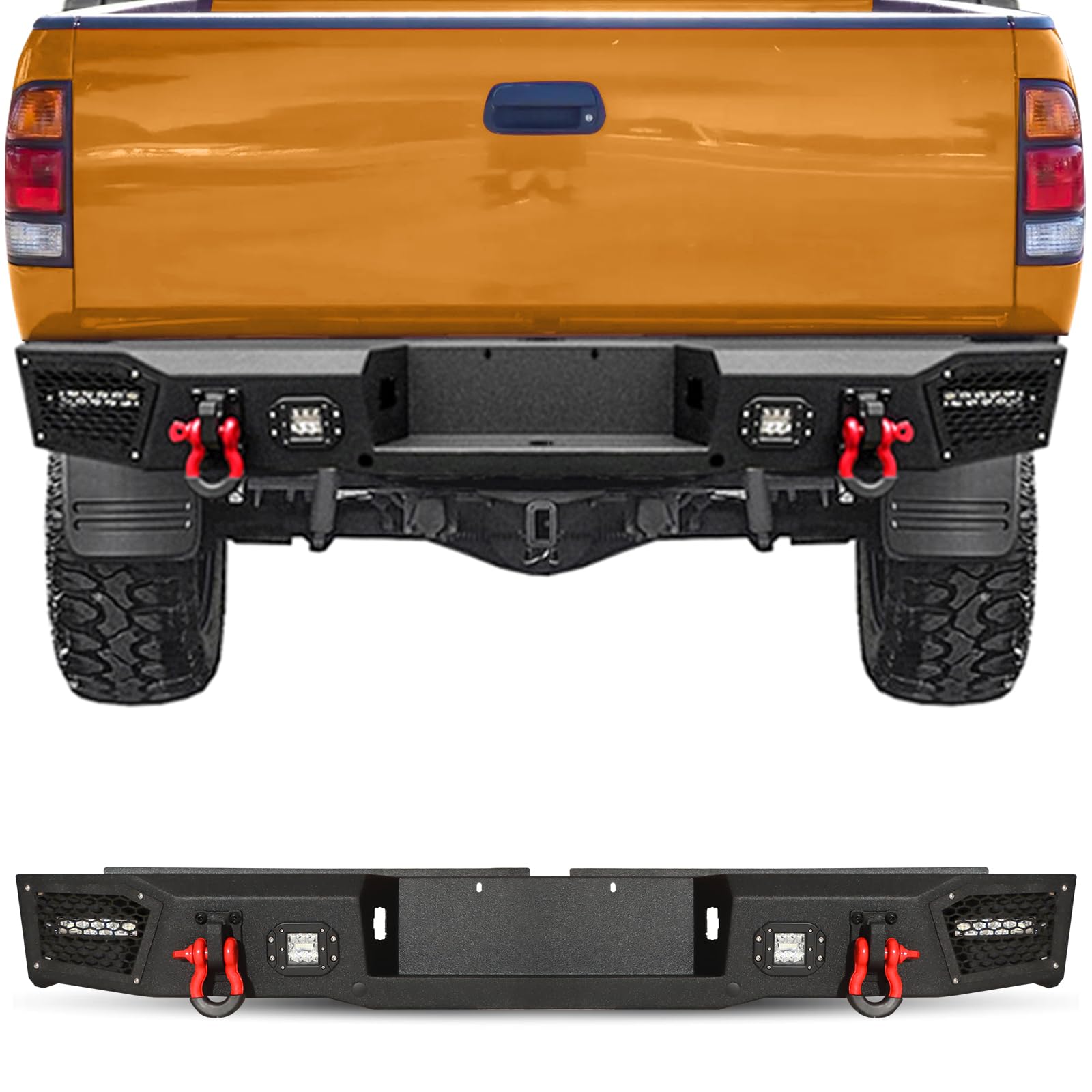 Rear Bumper Compatible with 2000 2001 2002 2003 2004 2005 2006 Tundra, Black rear Bumper for Tundra with Sensor Hole; 4 × LED Lights and 2 x D-rings