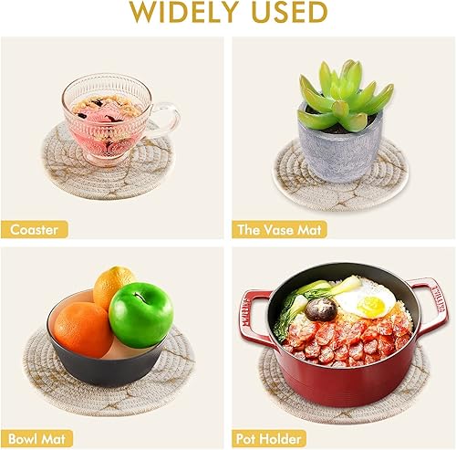 Miniatura 3 de Naanle Juego de 2 soportes redondos de algodón tejido de mármol blanco 3D en línea dorada, resistente al calor para decoración de cocina,