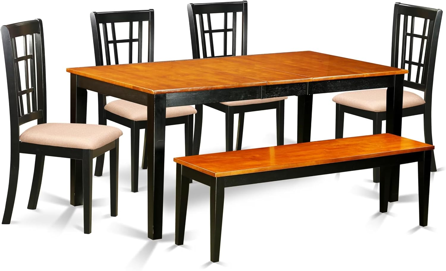 East West Furniture NICO6-BLK-C 6 Piece Kitchen Table Set Contains a Rectangle Dining Table with Butterfly Leaf and 4 Linen Fabric Dining Chairs with a Bench, 36x66 Inch, Black & Cherry