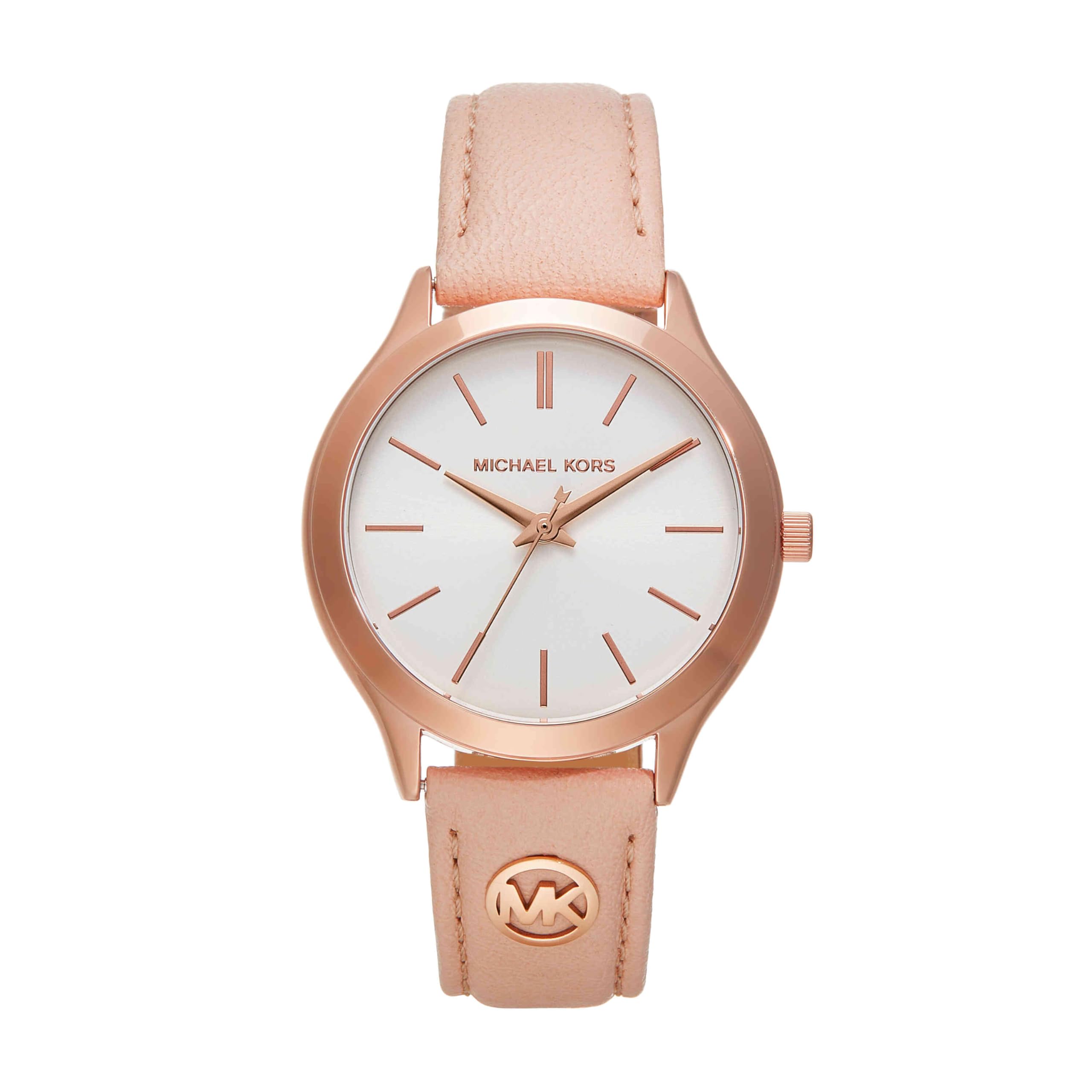 Michael KorsLeather Analog White Dial Women's Watch-Mk7467, Band Color:Rose Gold