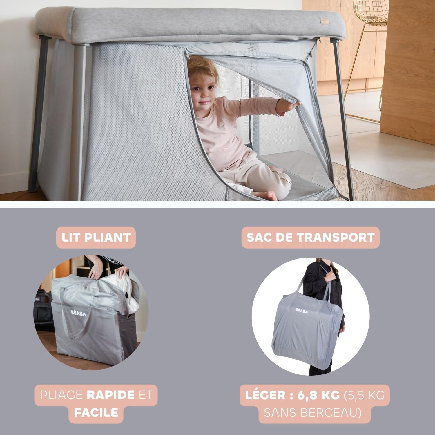 BÉABA, Lit parapluie 3 en 1, Berceau Bébé, Lit d'appoint, Parc, Evolutif, Léger - 6.8Kg, Pliable, Compact, Sac Transport et Matelas inclus, Tissu Respirant et Oeko-Tex, Gris chiné/Galet
