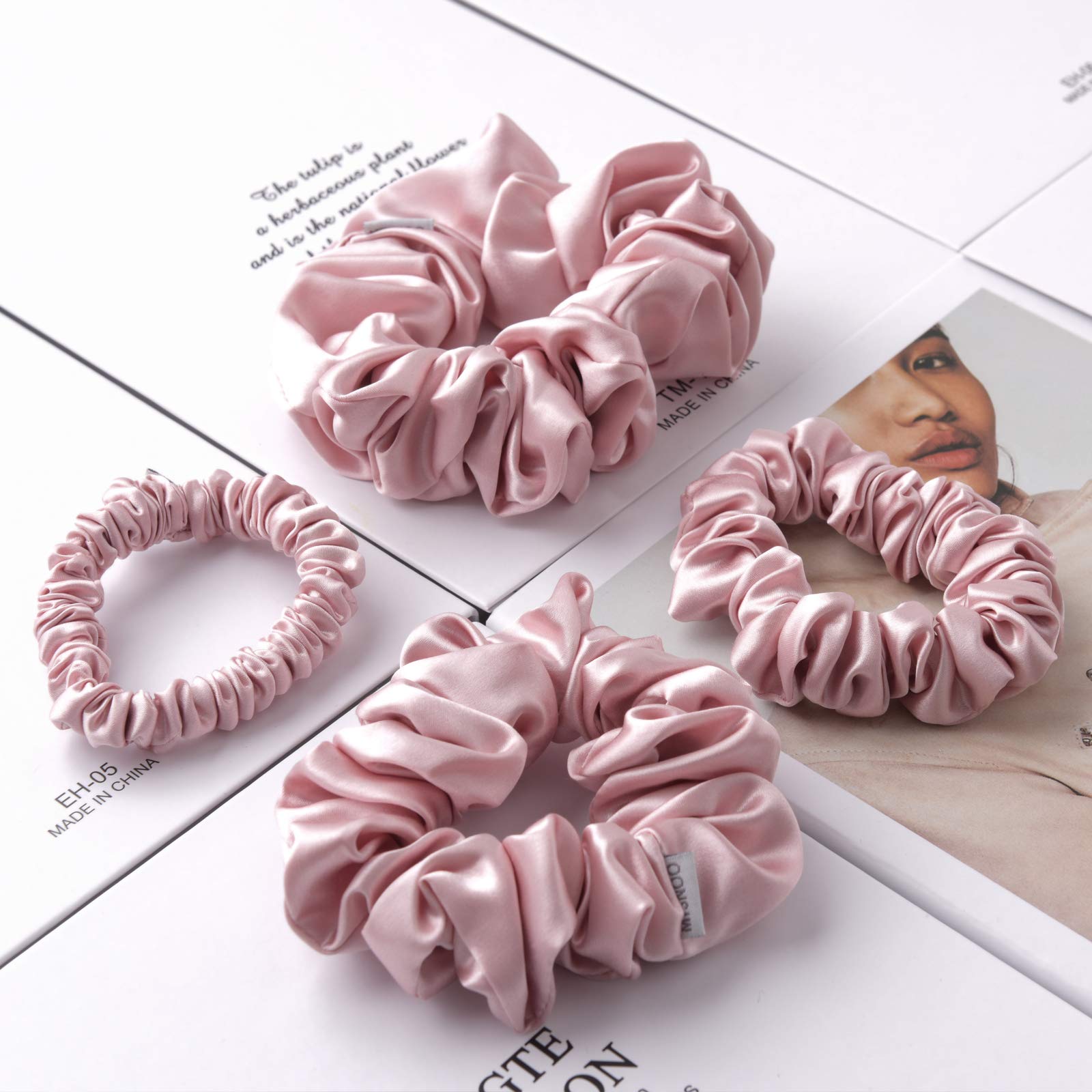 MTSNOO Haargummis aus Maulbeerseide, 100 % reine Maulbeerseide, 22 Momme, für Haar und Schlaf, 4 Stück, für Frauen und Mädchen, Rosy Pink