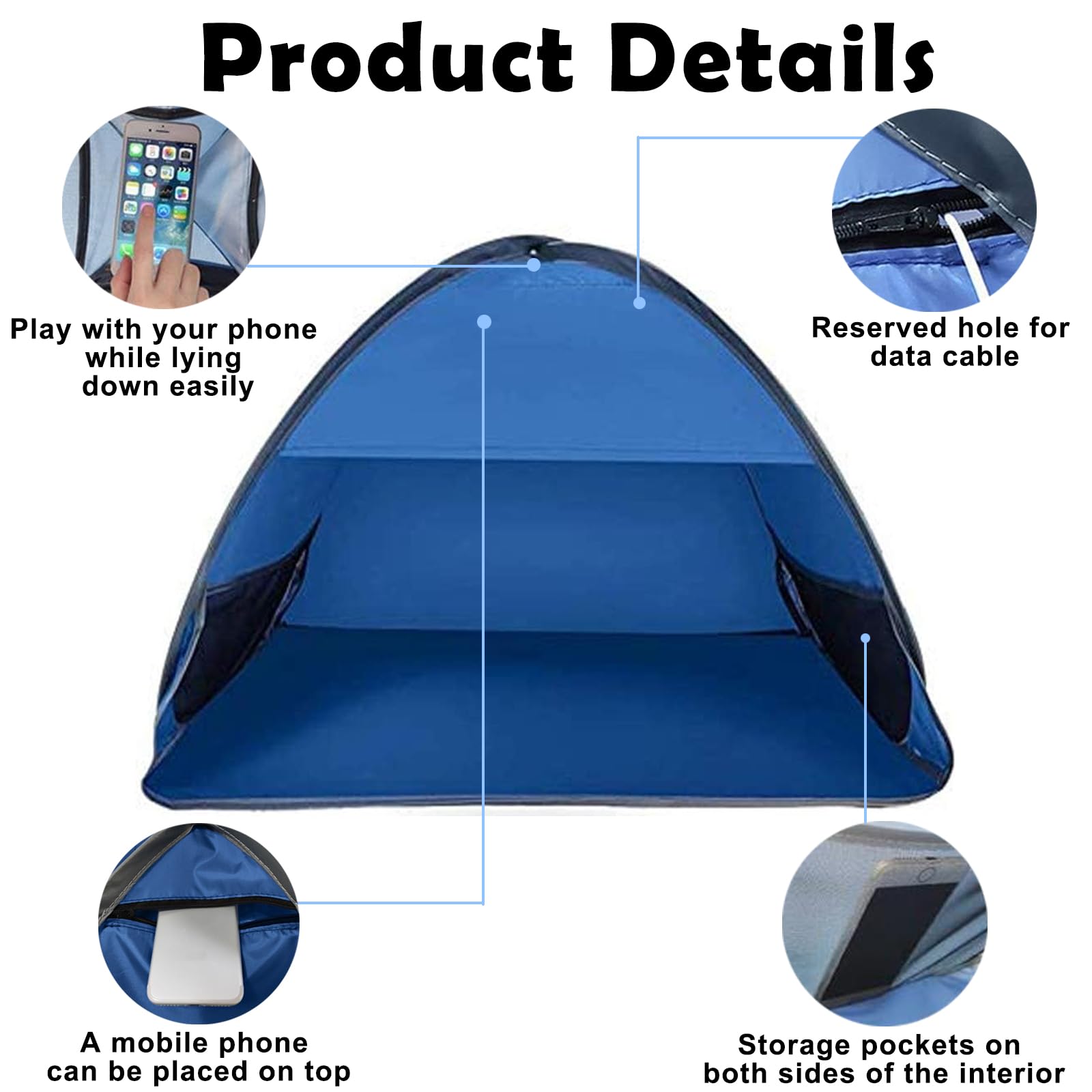 Bleu Mini Tente de Plage Pop Up, Portable Tentes de Tête, Taille M Mini Tente Plage Automatique Pop Up Anti UV, pour Extérieur, Camping, Pique-Nique
