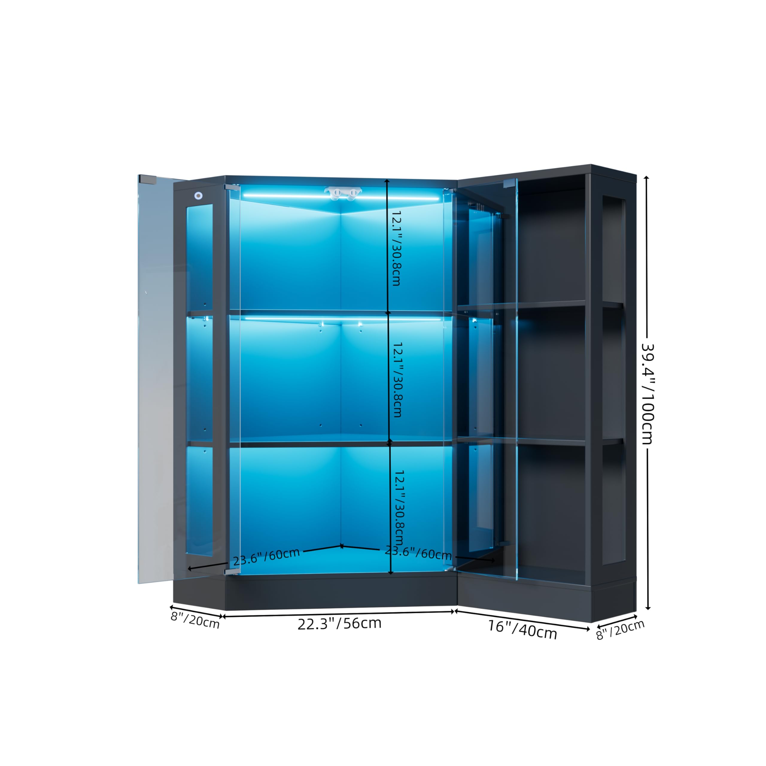MSFE Vitrine en Verre avec LED, Armoire Vitrine pour Collection avec Capteur Intelligent, 2 Porte 6 étagères, Multifonction Meuble Vitrines LED Salon, Chambre, Entrée, 100x116.5x60 cm, Noir