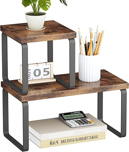 Homeiju Estante organizador de escritorio de madera, estante de escritorio independiente ajustable de 2 niveles, organizador de escritorio apilable