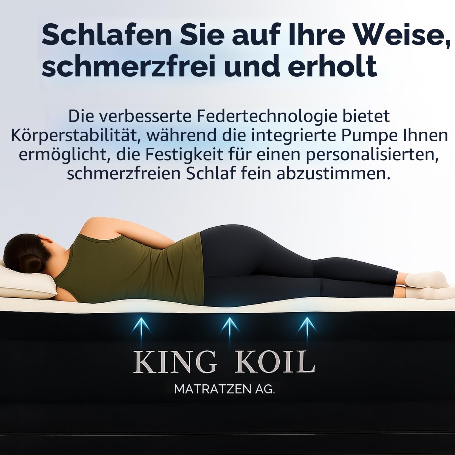 King Koil Luxus-Quuen-Size-Luftmatratze mit eingebauter Hochgeschwindigkeitspumpe, verstellbar, doppelt, hohe Premium-Kissenoberseite, aufblasbare Luftmatratze für Gäste, Camping und Zuhause, 50,8 cm