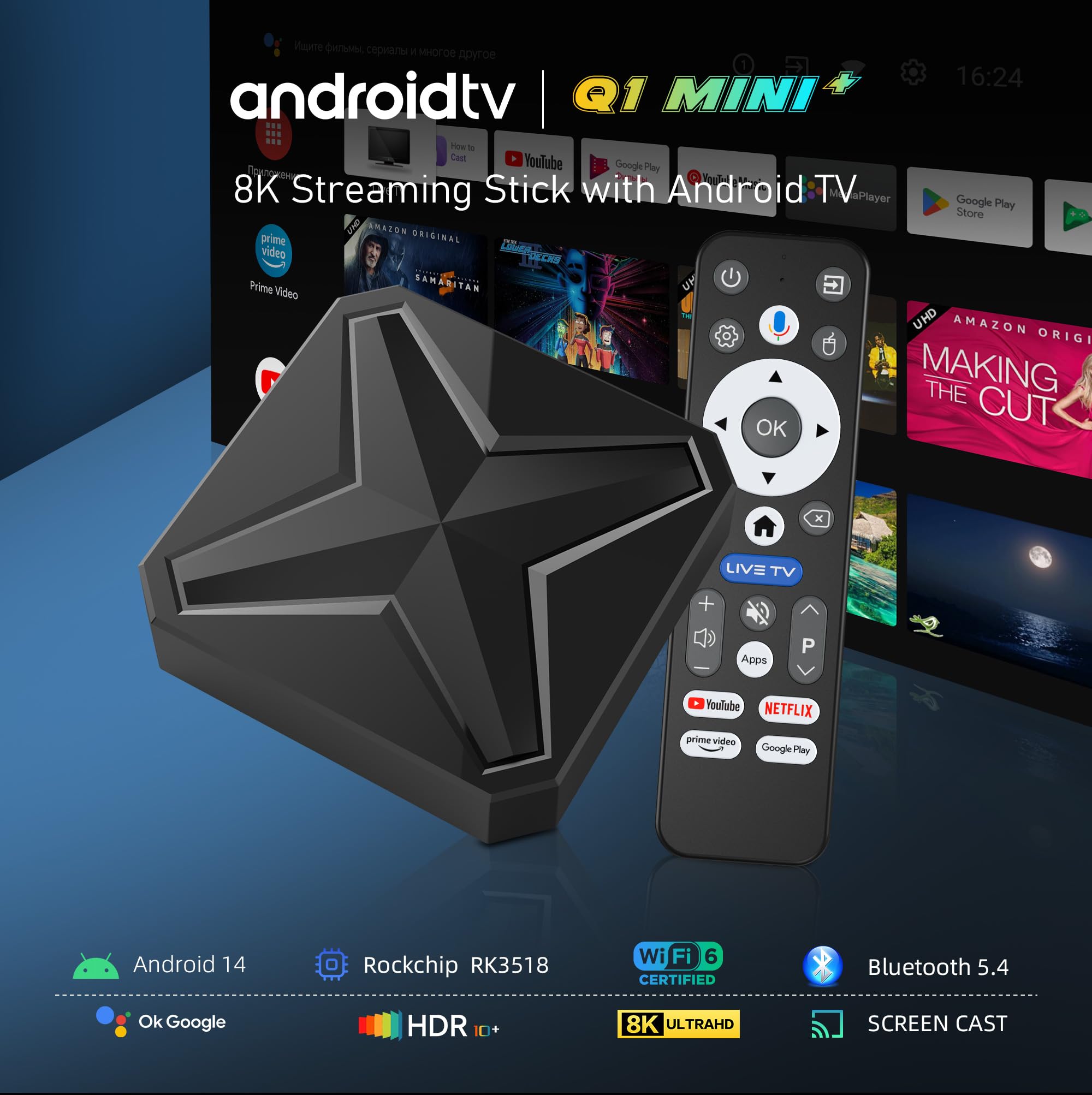Android 14.0 TV Box, Android TV Box 8k HD 2GB RAM 16GB ROM RK3518 Quad Core Cores A53 Mali 450 MP2 GPU Supporto 2.4/5.8G WiFi 6 10/100 Ethernet BT 5.4 Intelligente TV Box