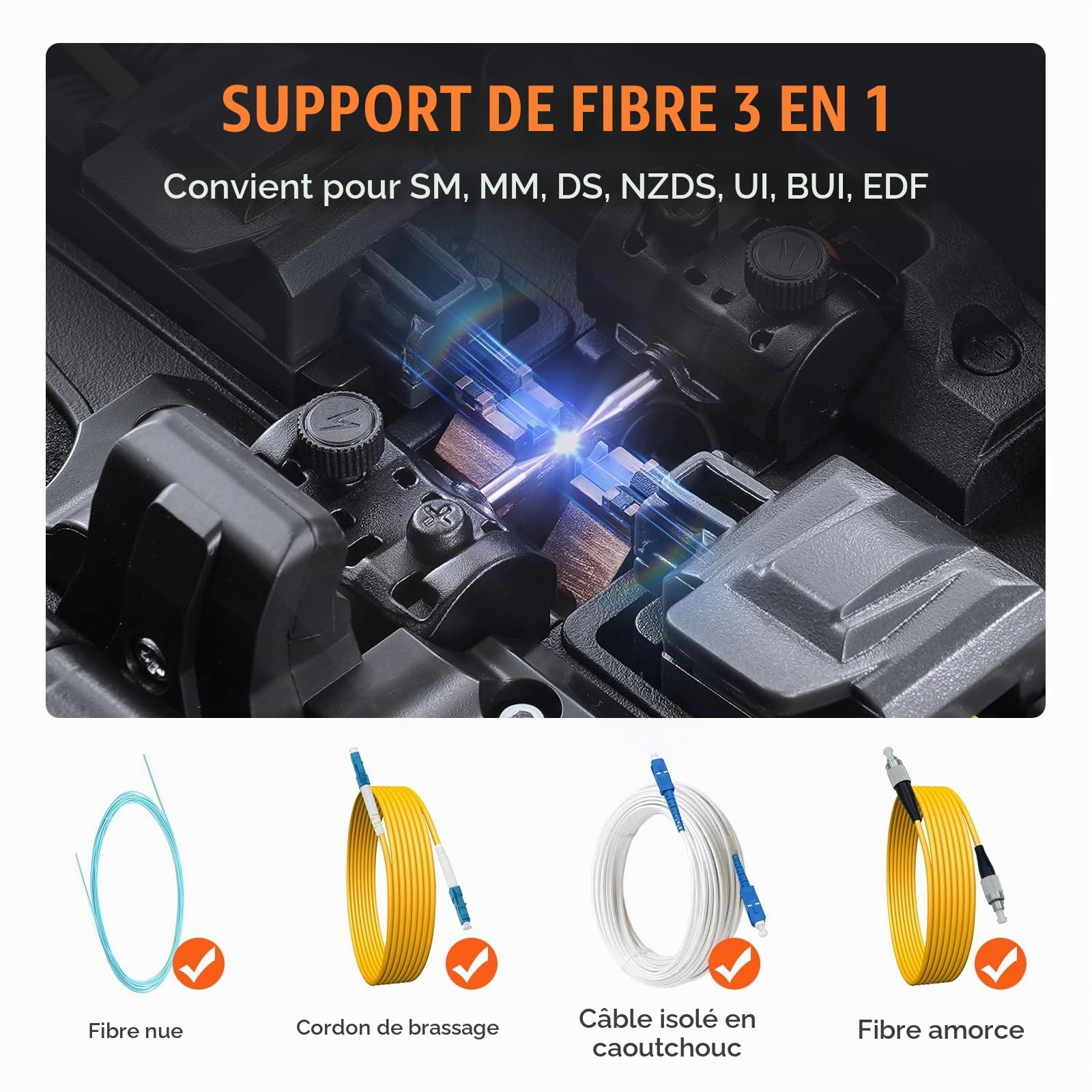 VEVOR Soudeuse fibre optique 6 moteurs, épisseuse fusion fibre optique à alignement de noyau, épissage 6s, chauffage 13s, écran tactile 5", support de fibre 3 en 1, batterie 7800mAh pour SM MM DS NZDS
