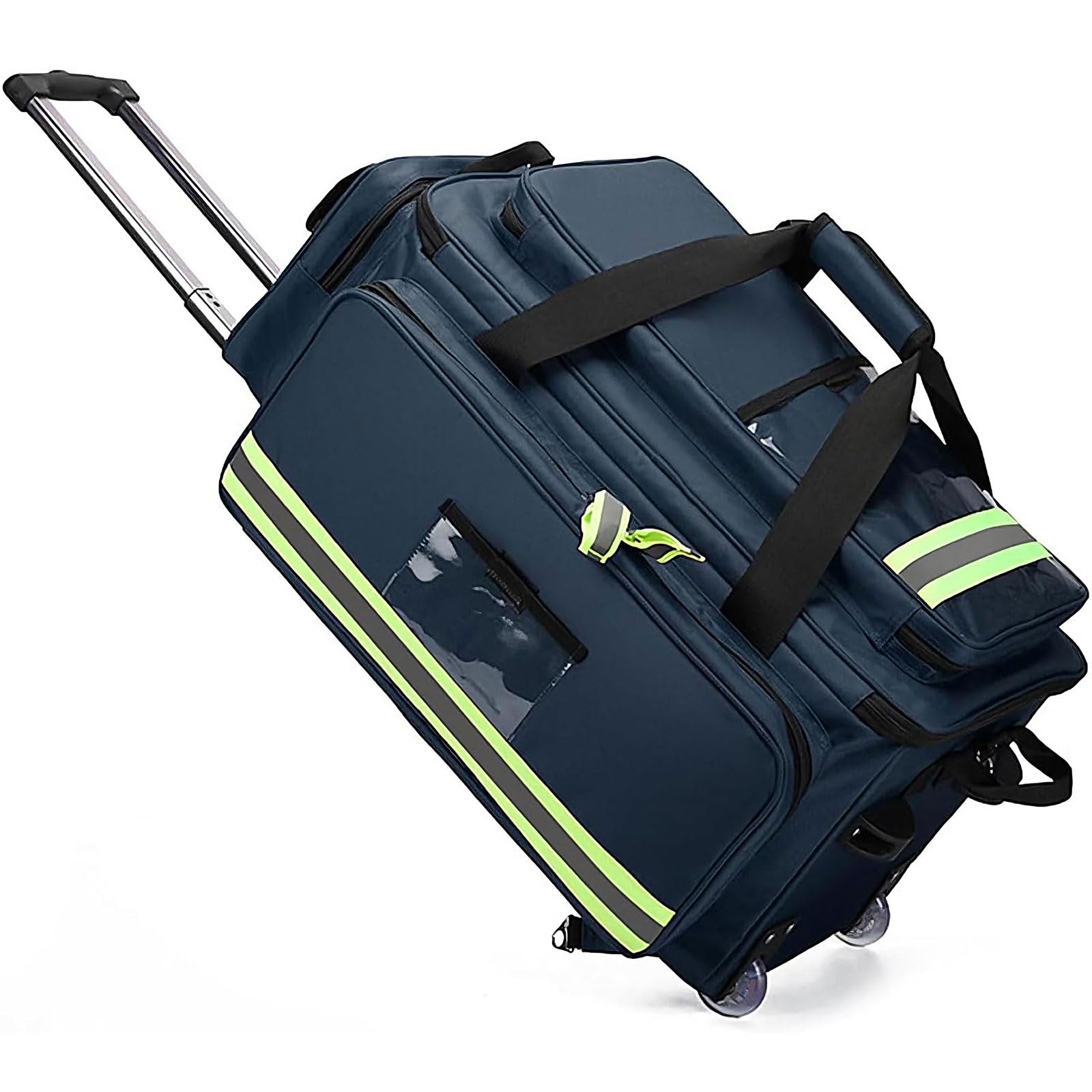 Bolsa de transporte médico portátil con ruedas, organizador de primeros auxilios de gran capacidad, marco desmontable y soporte para tanque de oxígeno para equipos de emergencia y rescate, Blue