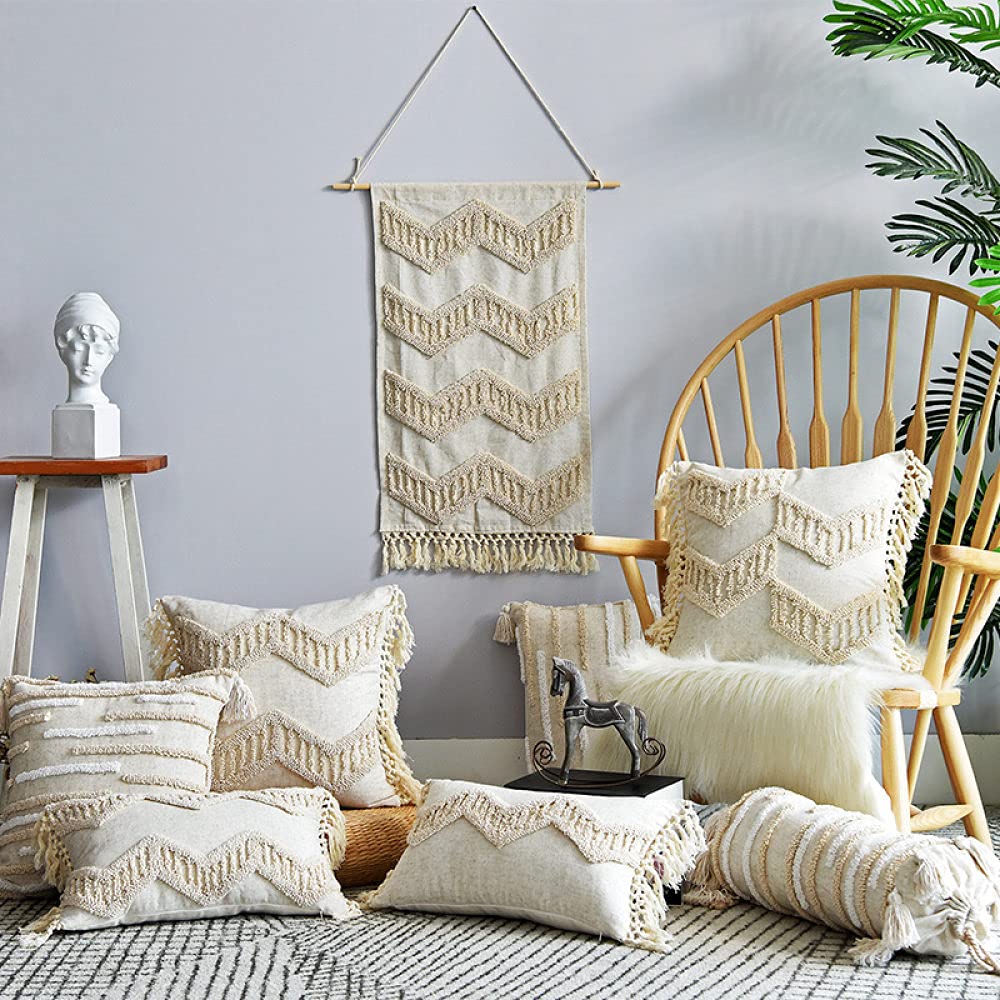 Poszewki na poduszki w stylu boho, vintage, beżowe, wydrążone strzały, geometryczne żakardowe frędzle, bawełniane, dekoracyjne, marokańskie, 45 x 45 cm, dekoracyjne poszewki na poduszki na sofę, do sypialni, salonu, 45 x