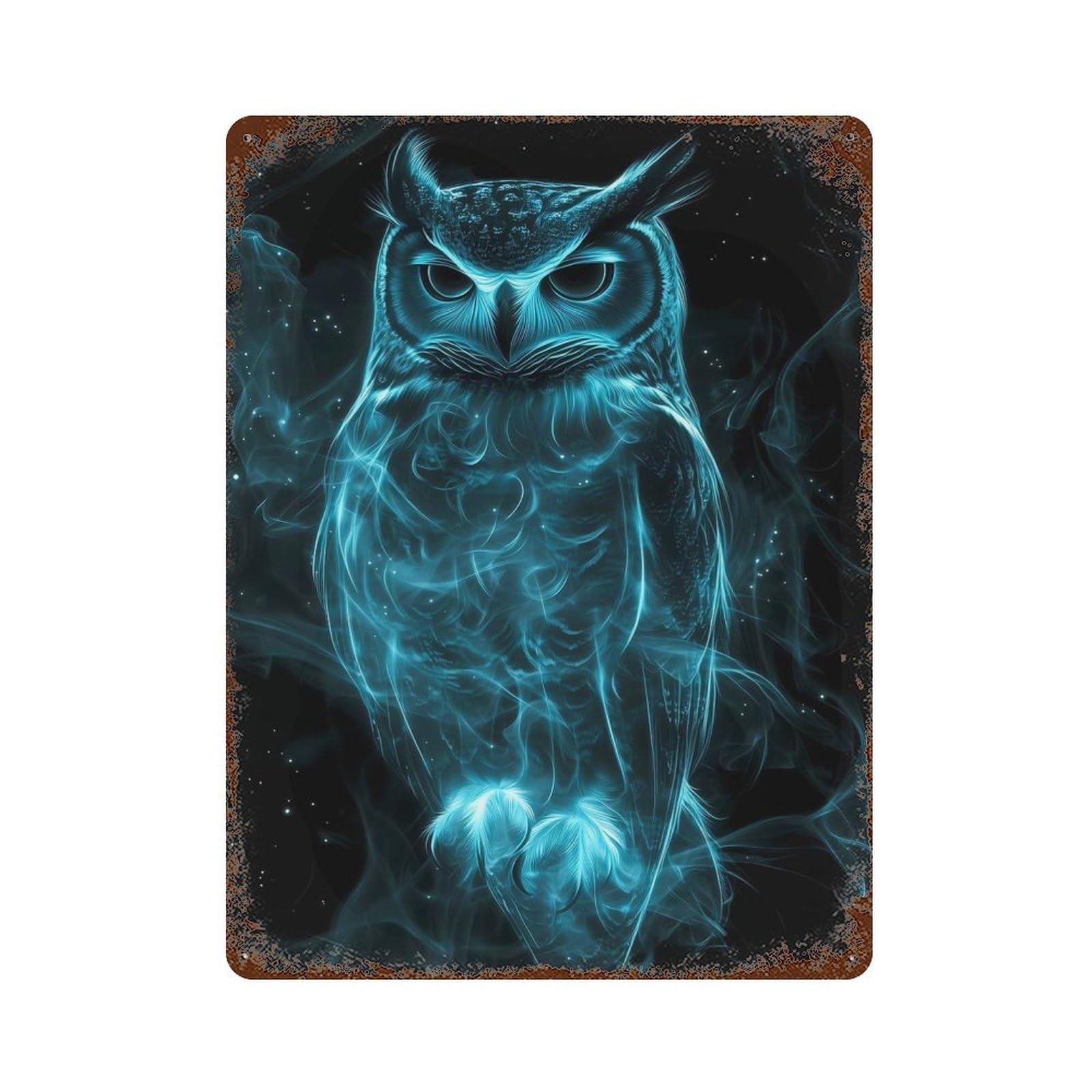 Blue Owl in Smoke Vintage Wall Sign 15.7"x11.8", Rust Effect Metal Decor for Office, Studio And Wall Decor