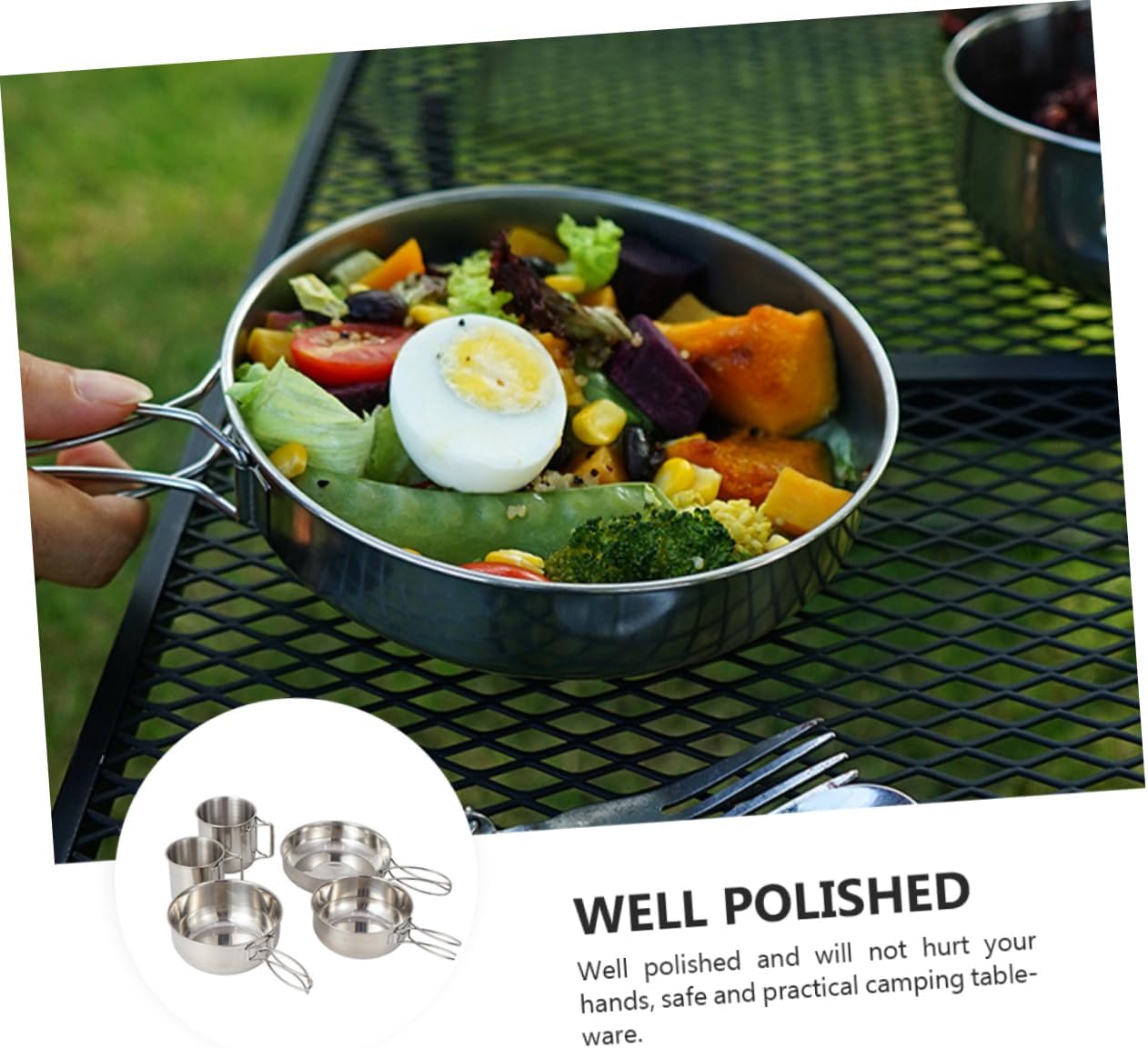 Portable Camping Cookware Stainless Steel 5pcs Dinnerware Set Folding Bowl Cup Frying Pan Safe for Outdoor Activities