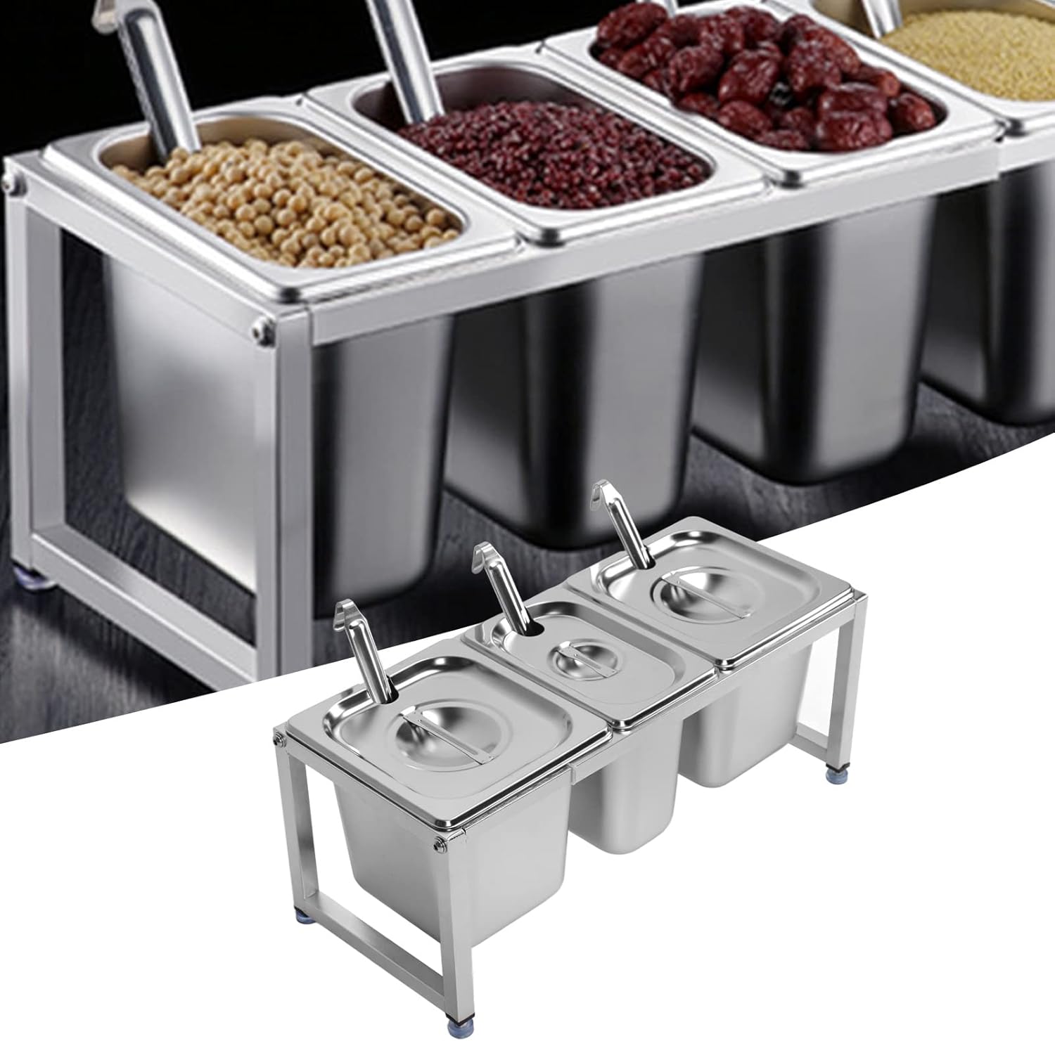 YOUTHINK Stainless Steel Telescopic Condiment Dispenser Rack, Adjustable Syrup and Jam Pot Holder with 4 Scoops and Lids, Mirror Polished Food Grade for Milk Tea Shop Kitchen (No.27 2pcs 2.2L 1pc