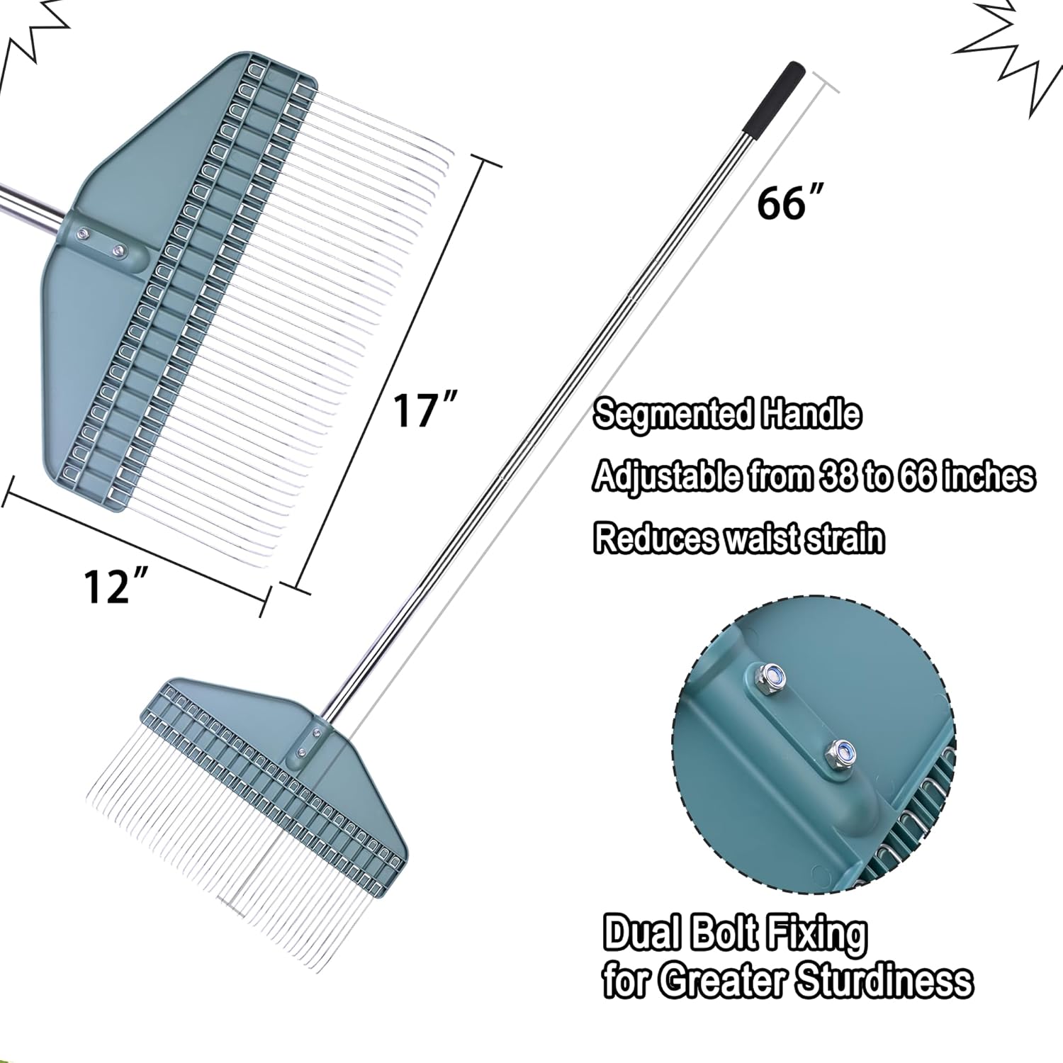 YEELOR Thatch Rake with 66 Inch Adjustable Handle, 17 Inch Wide Durable Dethatcher Rake, Ideal for Garden, Yard and Lawn, Used for Removing Thatch, Pine Needles, Burrs and Acorns