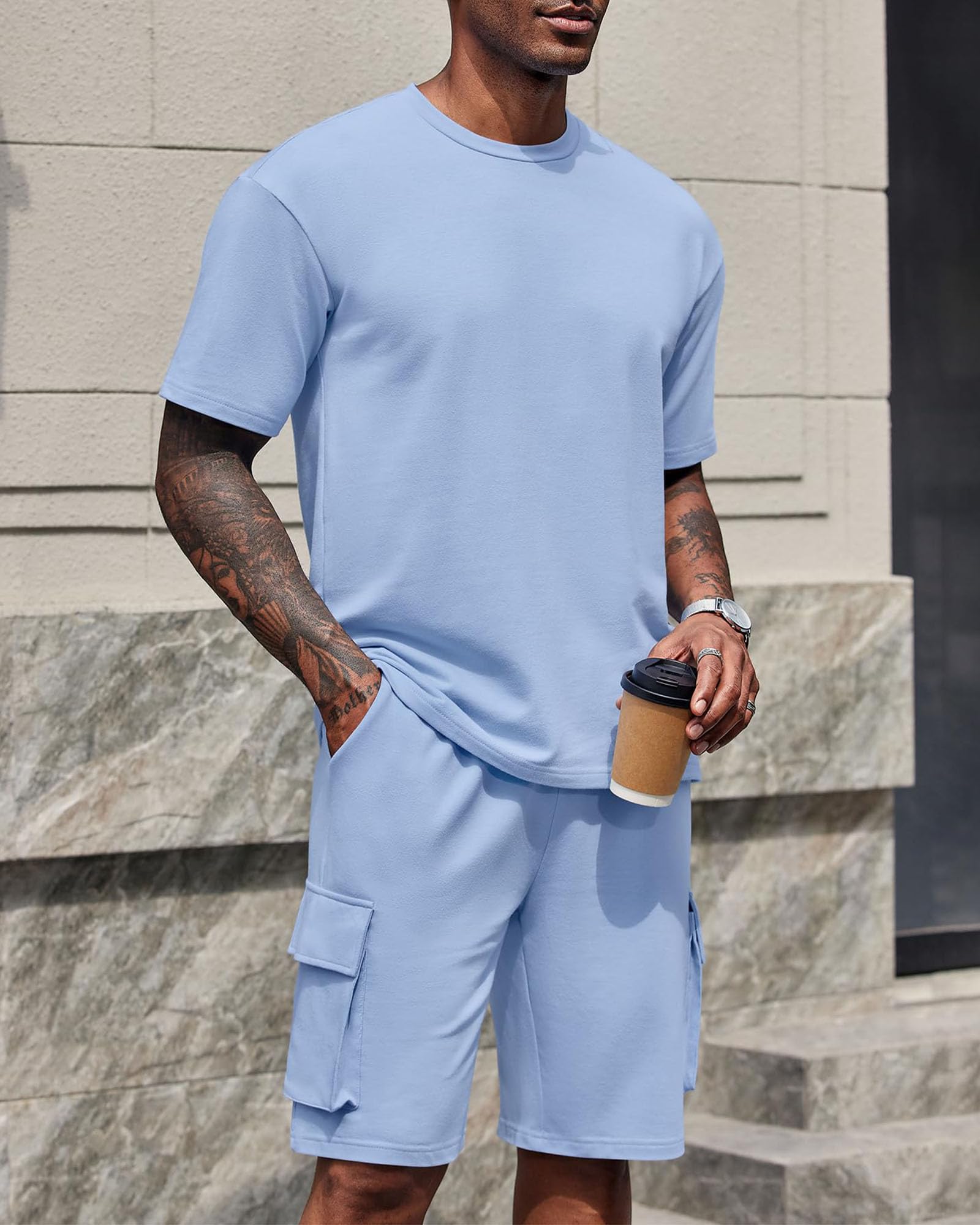 Conjunto de Verano Hombre 2 Piezas Chándal Camiseta Manga Corta Pantalones Cortos Cargo