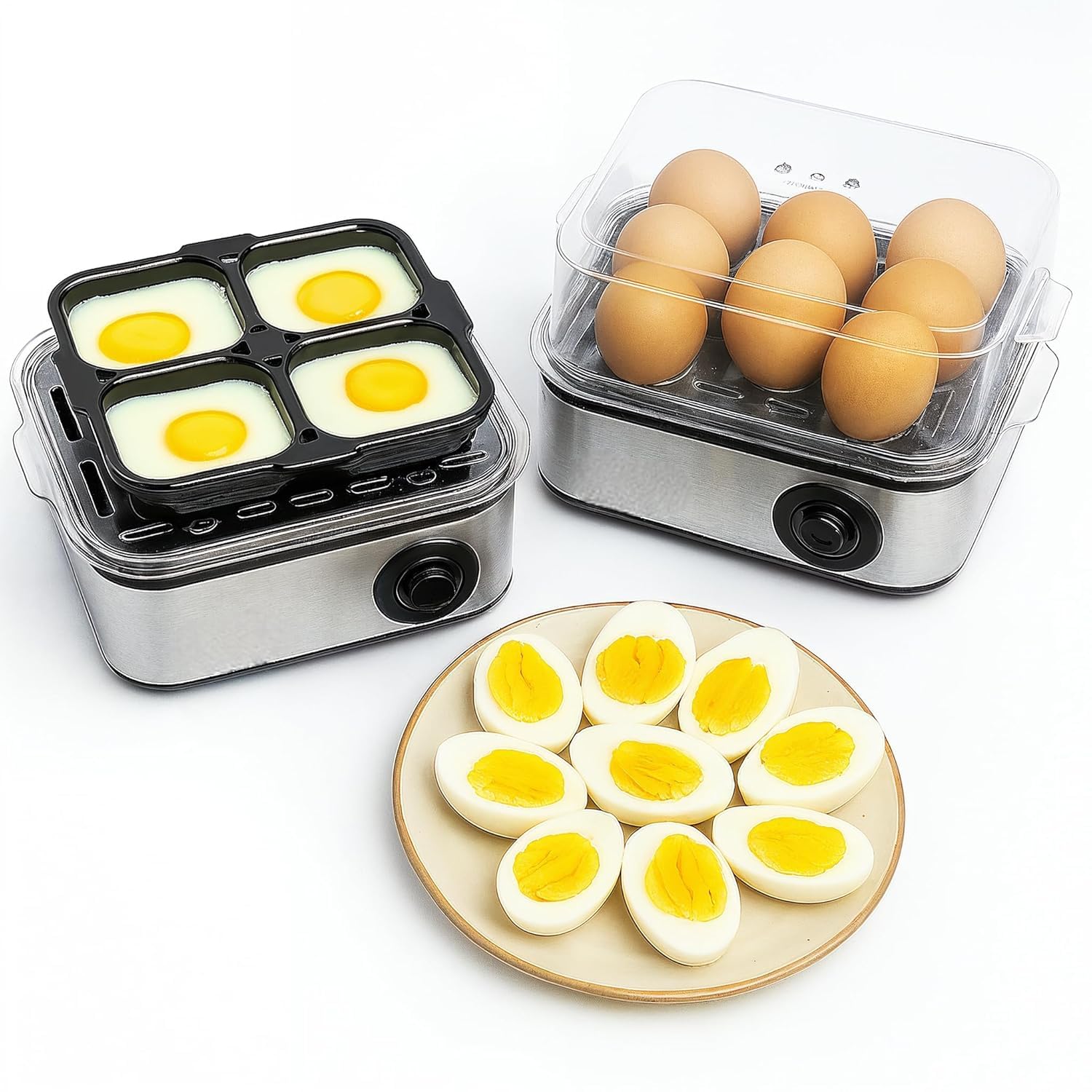 2-in-1 Electric Egg Boiler and Poacher, 8 Egg Capacity Rapid Cooker for Hard Boiled Eggs, 4-Egg Poaching Tray, Vegetable Steamer, Stainless Steel with Transparent Lid, 500W, Silver-picture-47