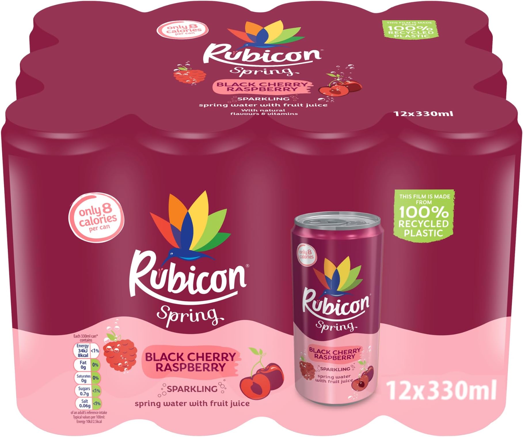 Rubicon Spring 12 Pack Black Cherry Raspberry, Sparkling Spring Water with Real Fruit Juice & Natural Flavours, , Only 9 Calories - 12 x 330ml Multipack Cans