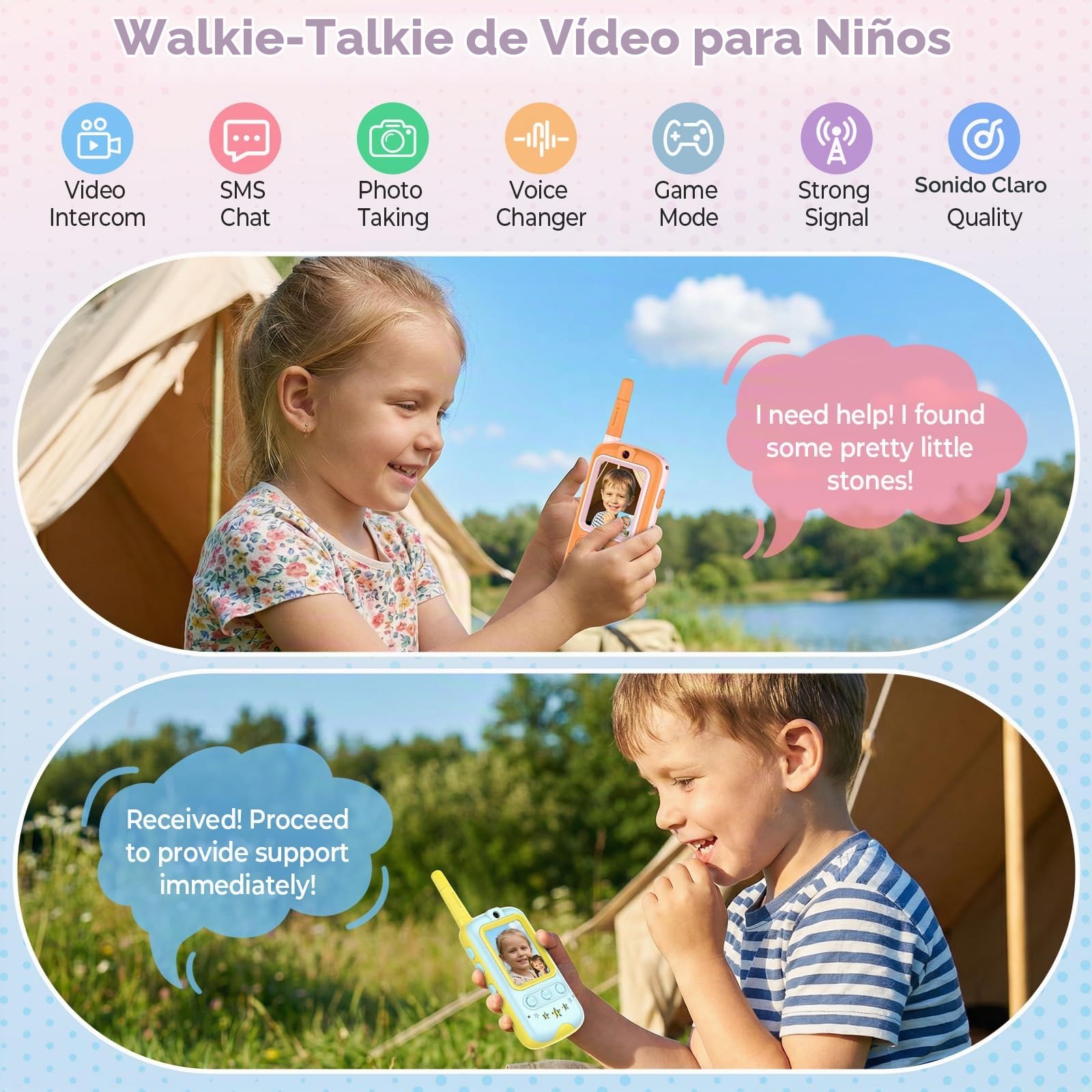 Video Walkie Talkie Niños, Paquete de 2 Walkie Talkie Niños Recargable, Admite Videollamadas y SMS, Juegos Integrados, Cambio de Voz y Fotografía, Regalo para Niños de 3 a 12 Años (Amarillo + Naranja)