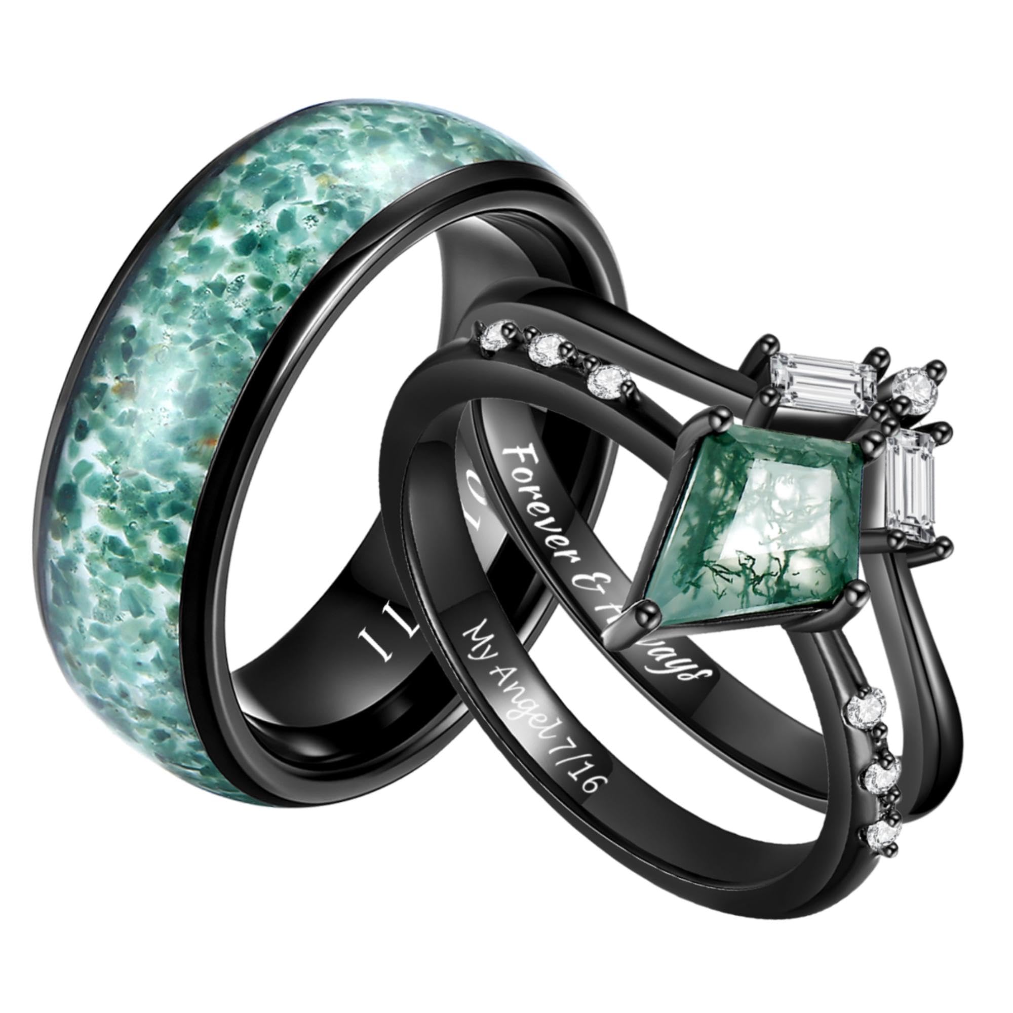Custom Moss Agate Couples Rings - Engraved Black Wedding Ring Set, Nature Promise Rings - Personalized Kite-Cut Matching Rings for Couples